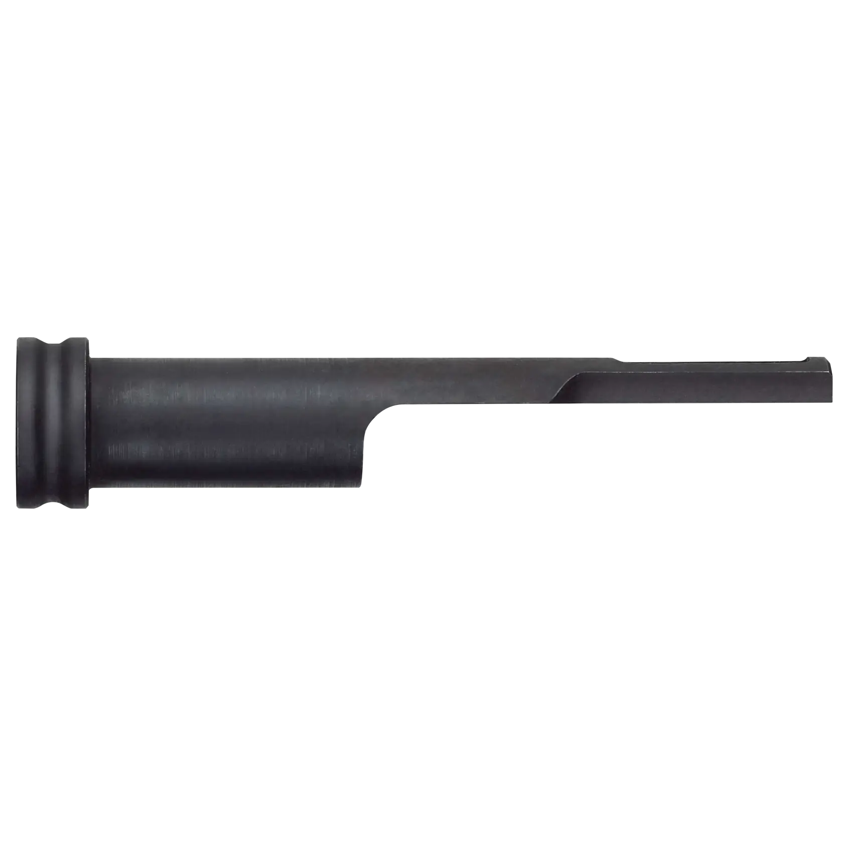 Schwarzes DEWALT DCN8904 Zubehörteil mit zylindrischem und flachem Bereich auf weißem Hintergrund.