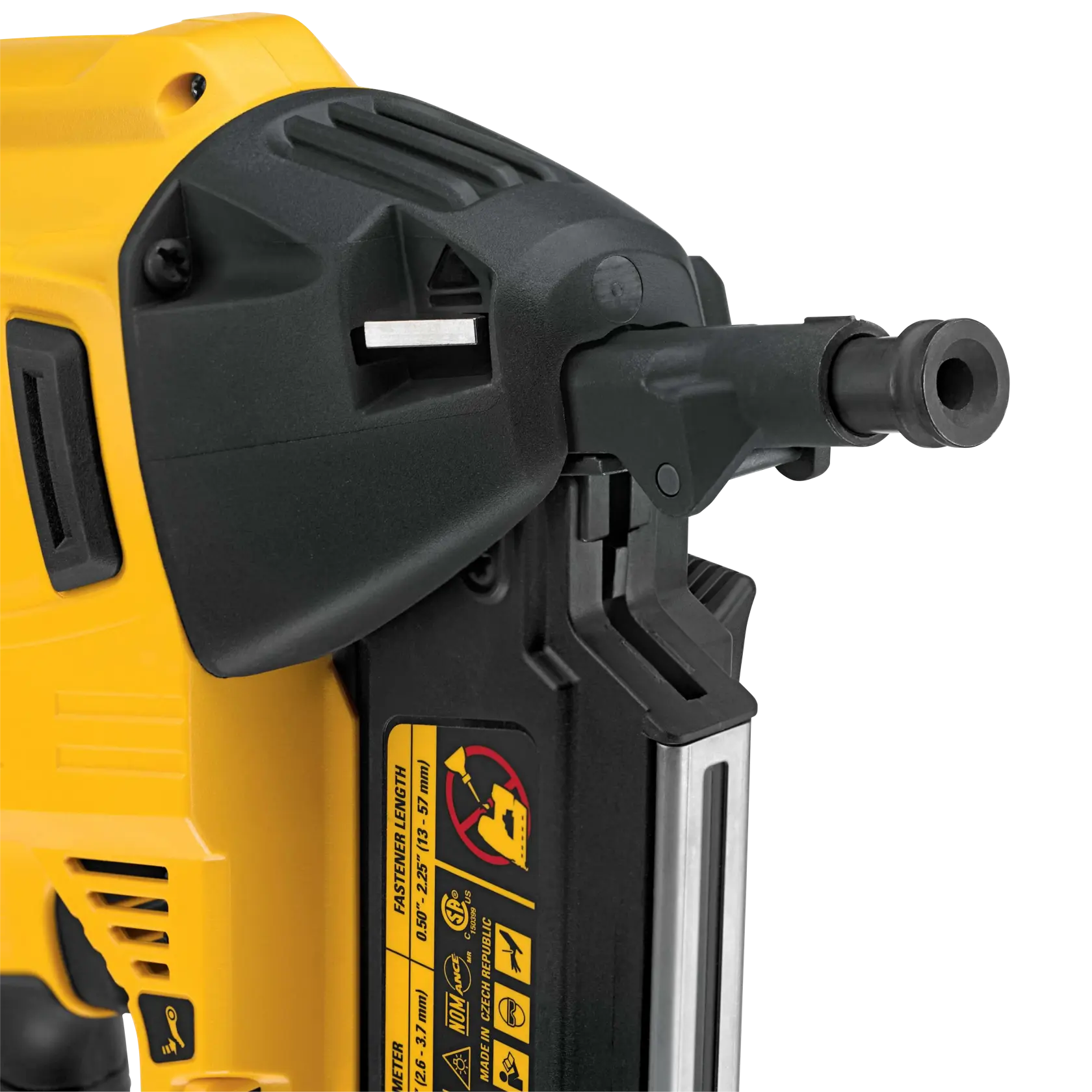 Black DEWALT DCN8904 tool attachment with cylindrical body and flat extension, shown on white background.