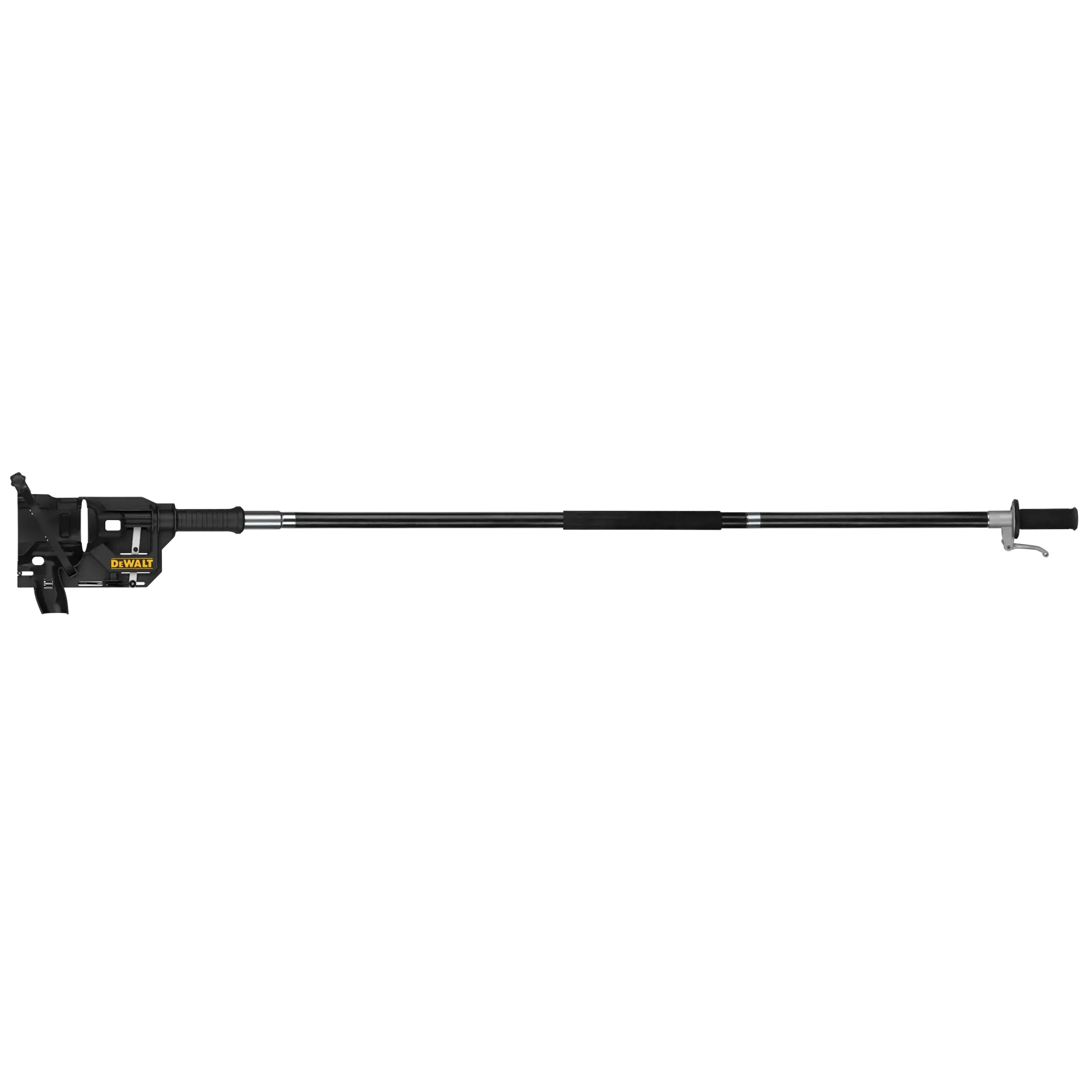 Ein langes, schwarzes Stangenaufsatz-Werkzeug von DEWALT mit Griff links und gepolstertem Bereich in der Mitte, entwickelt für die Verwendung mit kompatiblen DEWALT-Geräten.