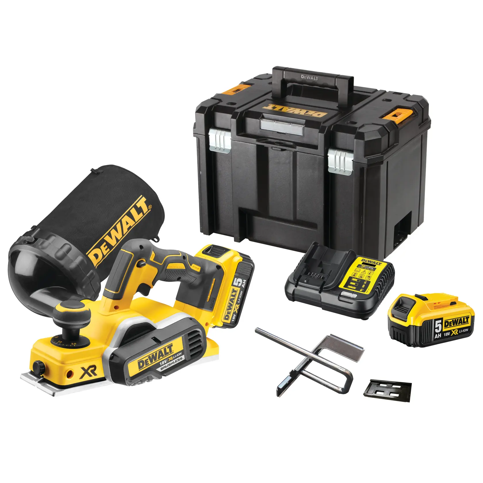 DEWALT DCP580P2 cordless planer kit with batteries, charger, accessories, and storage box shown.