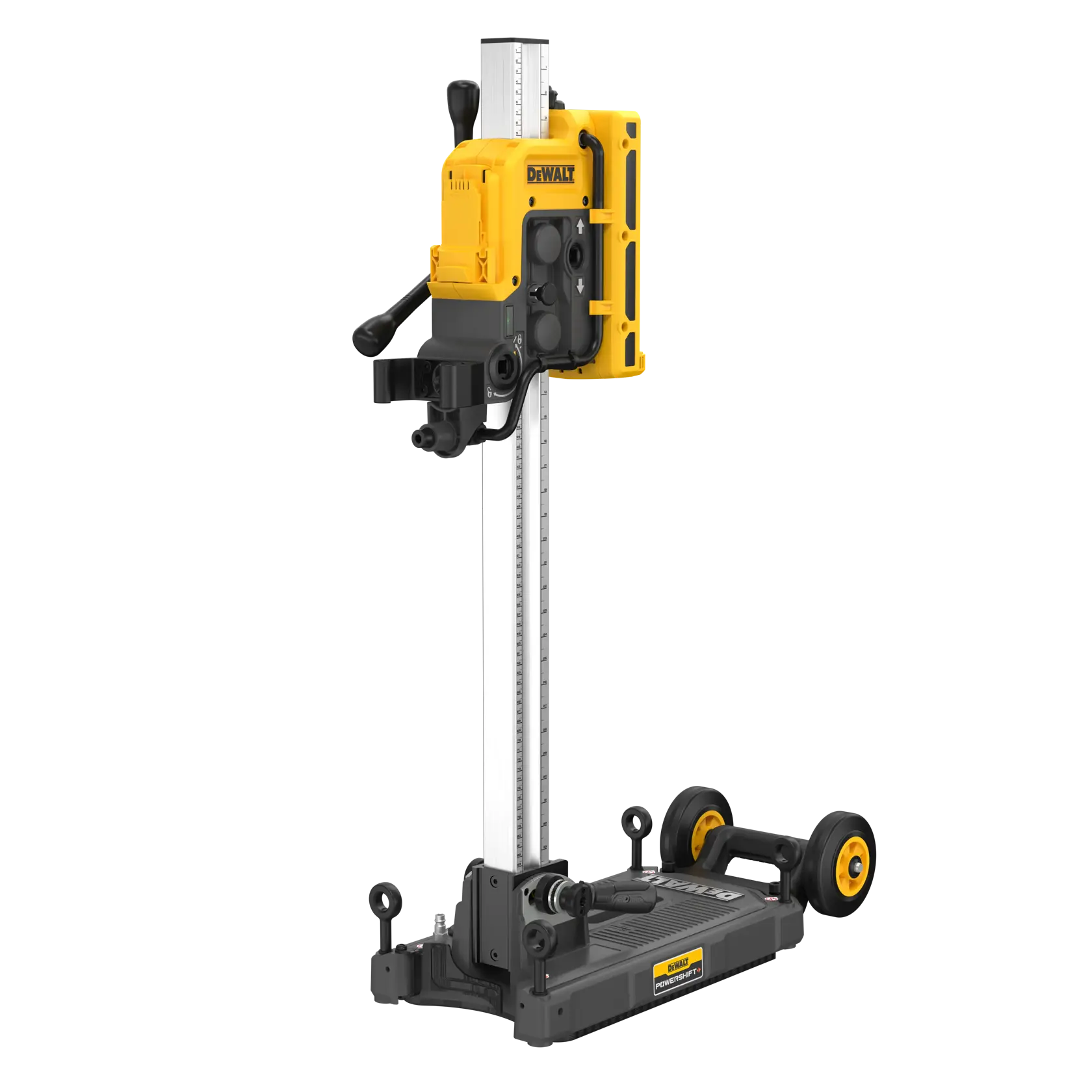 Eine DEWALT Kernbohrmaschine mit gelber Motoreinheit, die an einer vertikalen Metallschiene befestigt ist, und einem mobilen Fahrgestell mit Rädern.