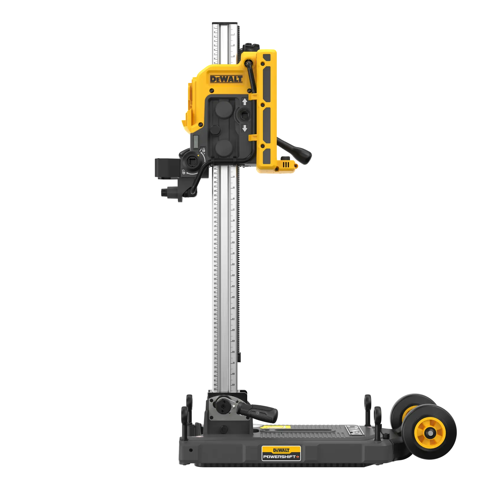 Ein DEWALT DCPS151 Fotografie-Werkzeug, mit einem gelb-schwarzen Gerät, das vertikal auf einem Metallständer mit Rädern an der Basis montiert ist. Das Werkzeug scheint für Präzisionsaufgaben konzipiert und ist vor weißem Hintergrund abgebildet.