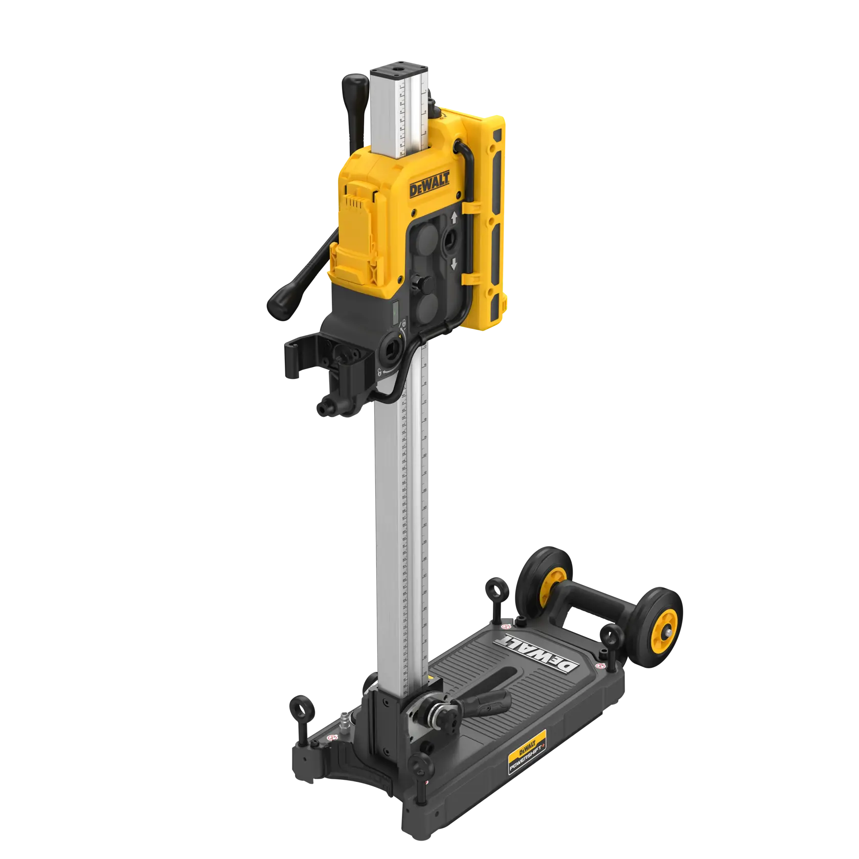 Das DEWALT DCPS151 Fotografie-Werkzeug ist abgebildet und verfügt über eine stabile Basis mit Rädern, eine verstellbare vertikale Säule und einen gelb-schwarzen Mechanismus für präzise Positionierung.