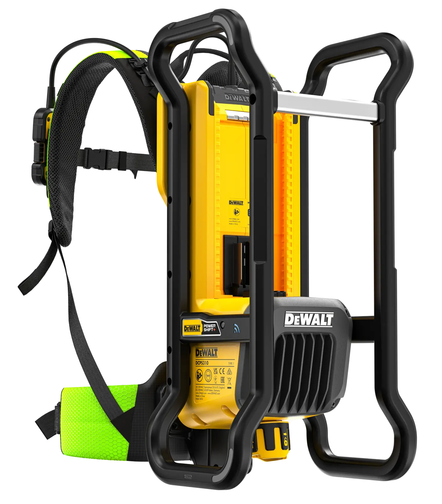 DEWALT DCPS310N yellow power tool with black frame, backpack style harness, and green padding.