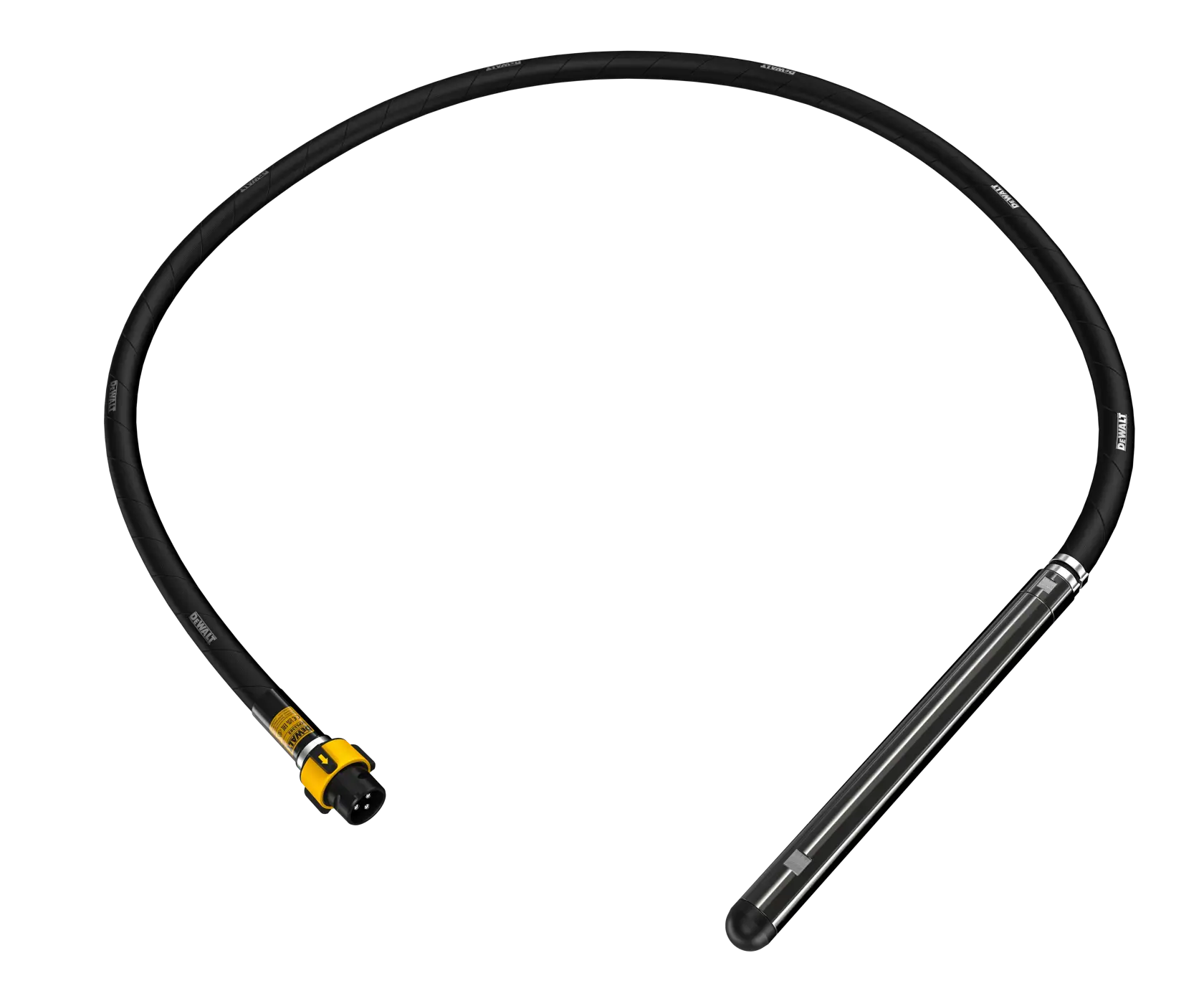 Ein DEWALT DCPS3382 Betonvibrator mit einem langen flexiblen schwarzen Schaft und einem zylindrischen Vibrationskopf, fotografiert vor weißem Hintergrund.