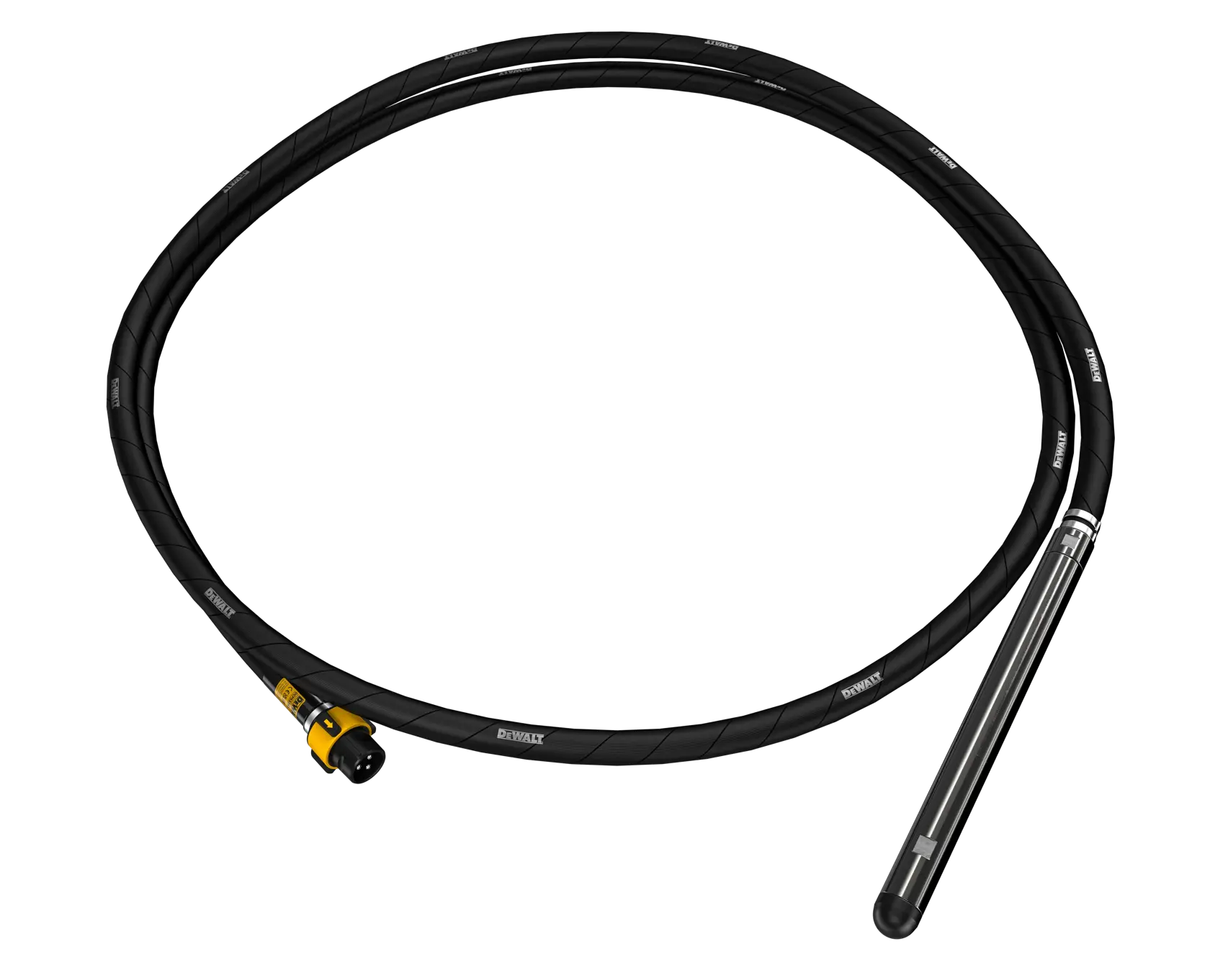 DEWALT concrete vibrator: a black flexible hose with metallic vibrating head and connector on white background.
