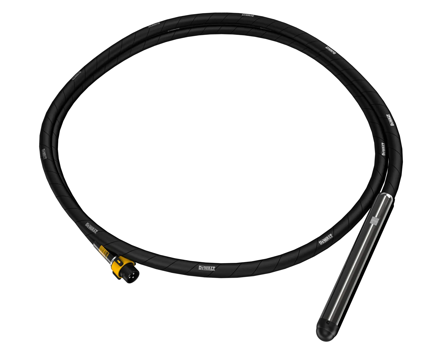 DEWALT concrete vibrator shaft with black cable and metal head, DCPS3505, on white background.