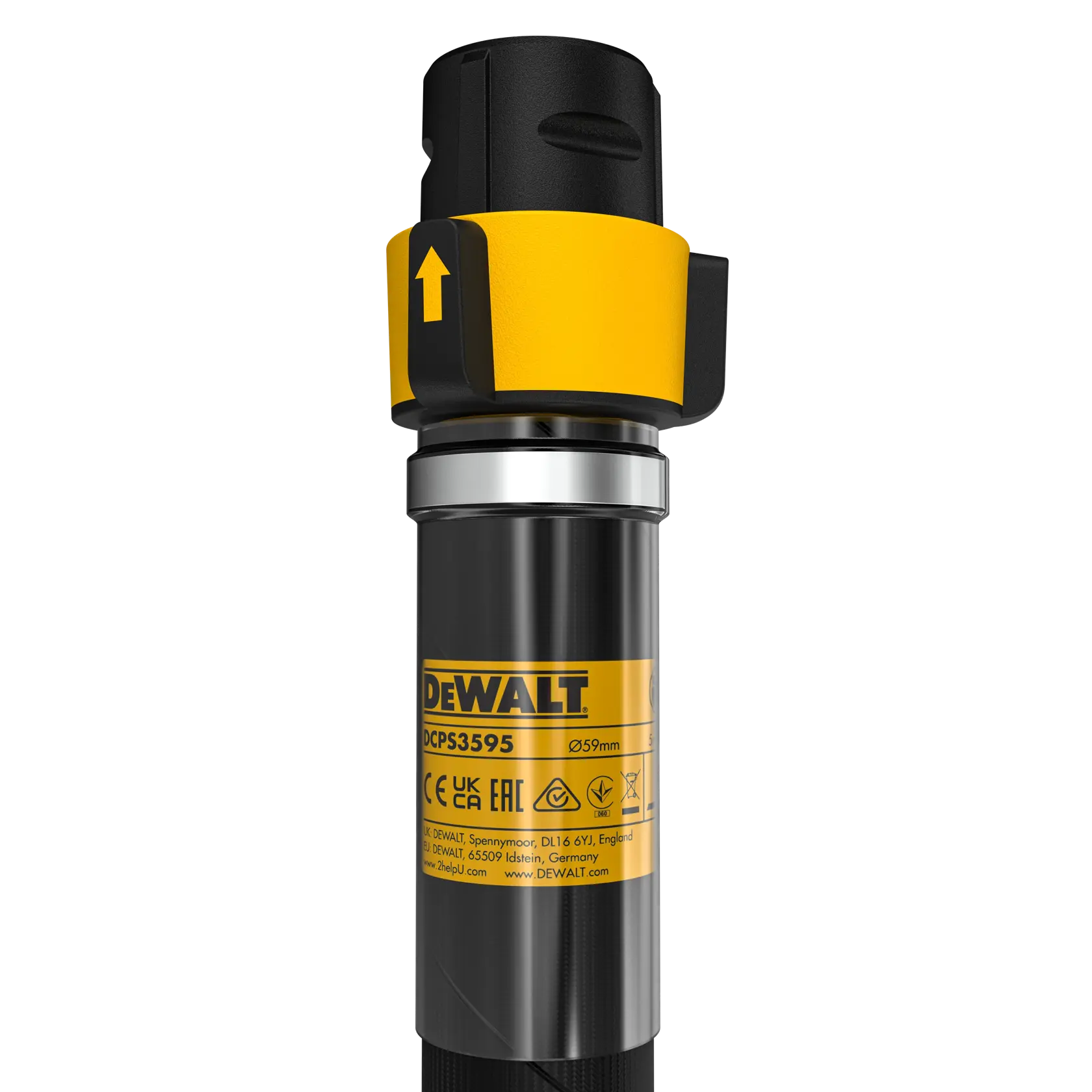 Un accessoire de vibrateur à béton DEWALT avec un long tuyau flexible noir et une tête cylindrique métallique, présenté enroulé sur un fond blanc.