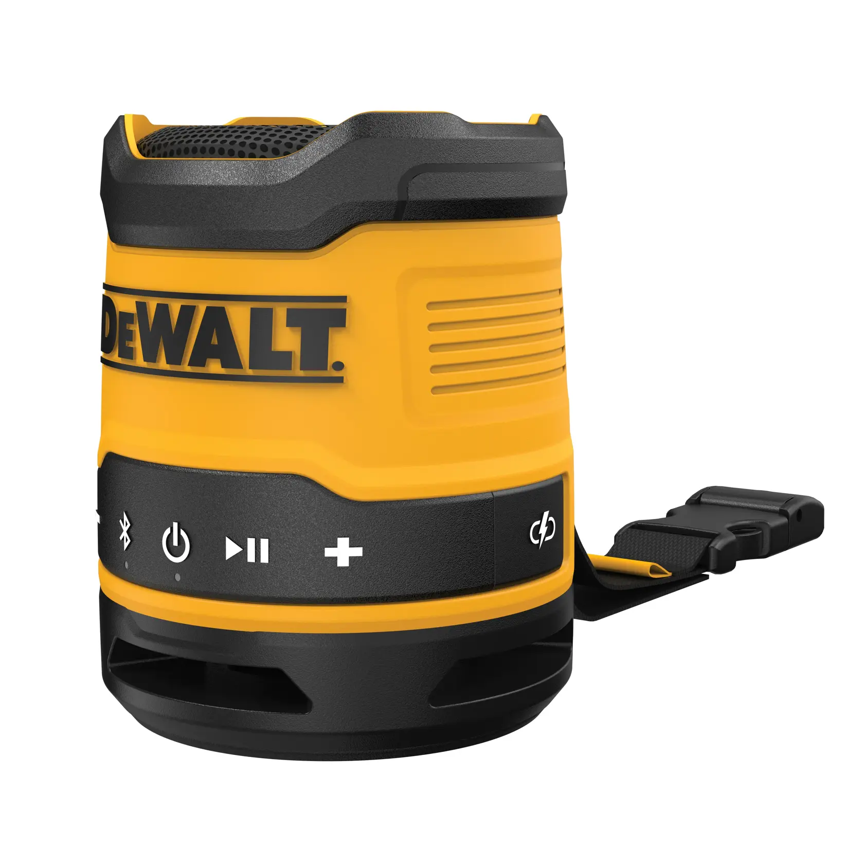 A DEWALT portable Bluetooth speaker in yellow and black colors, showing control buttons and a carrying strap.