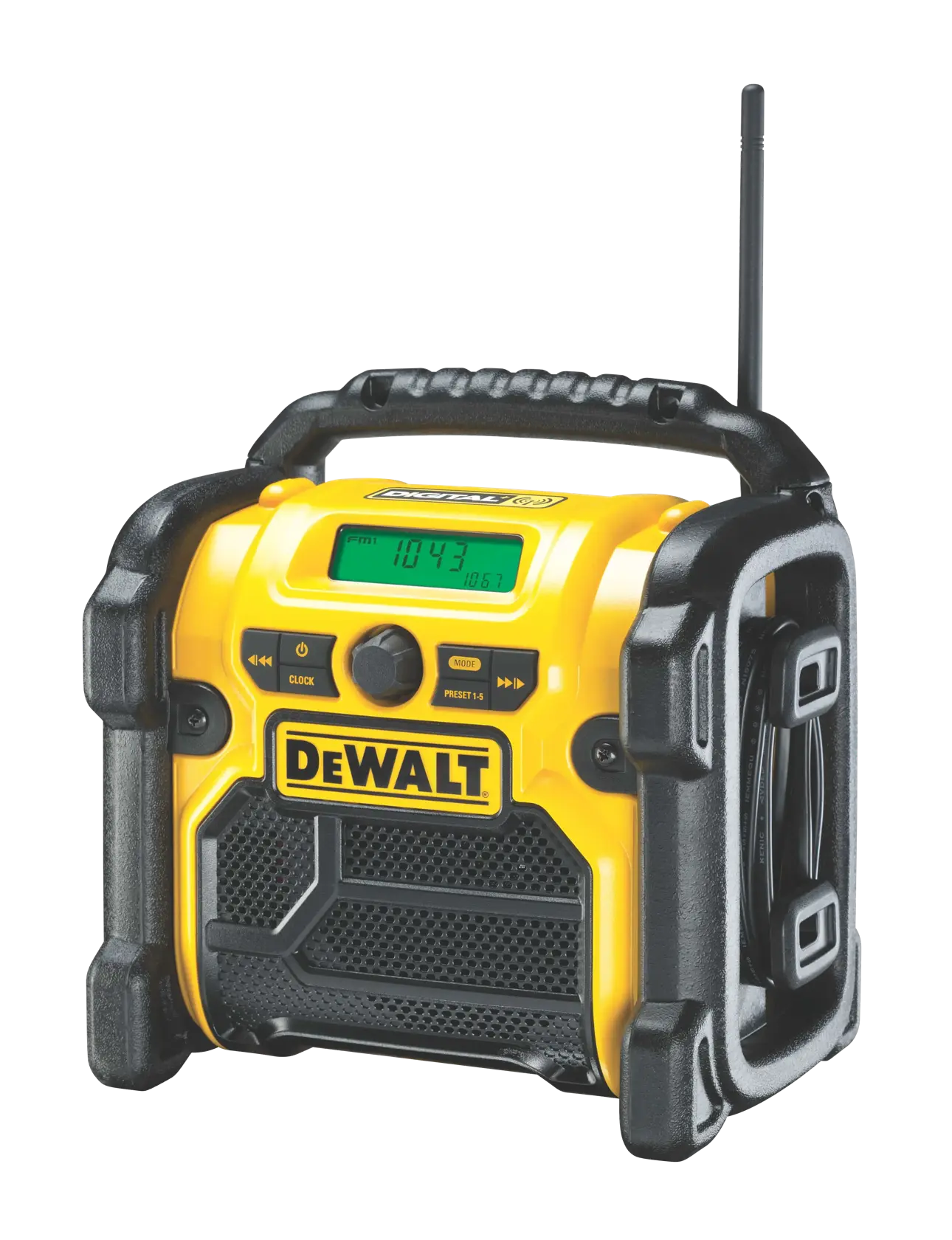 DEWALT portable radio with yellow and black casing, handle, and display screen.