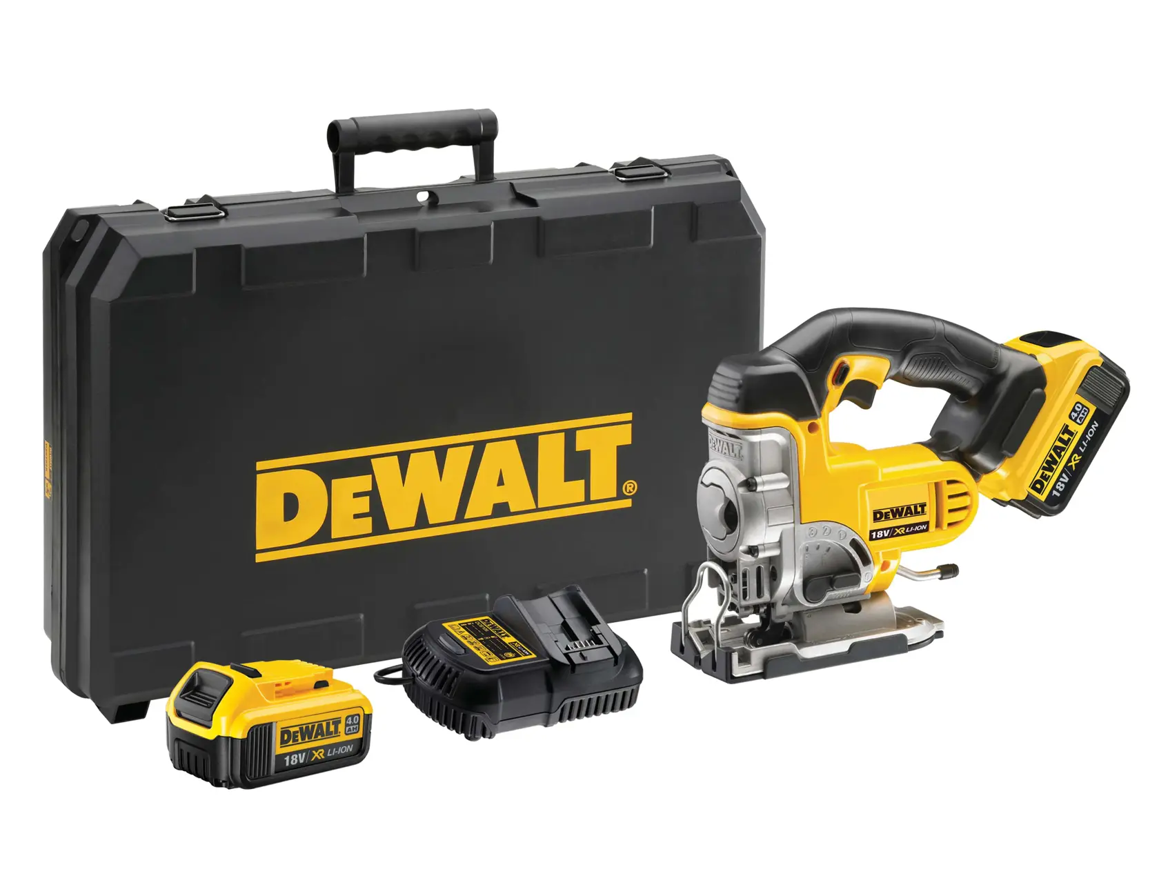 DEWALT cordless jigsaw kit with case, battery, charger and yellow-black jigsaw tool shown.