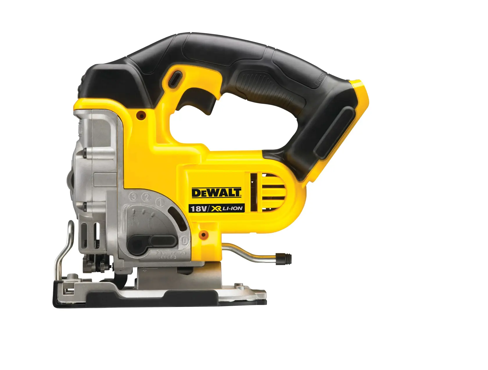 Photo of DEWALT jigsaw, yellow and black, side view, SKUs DCS331N, DCS331N-XJ, Product Category Photography.