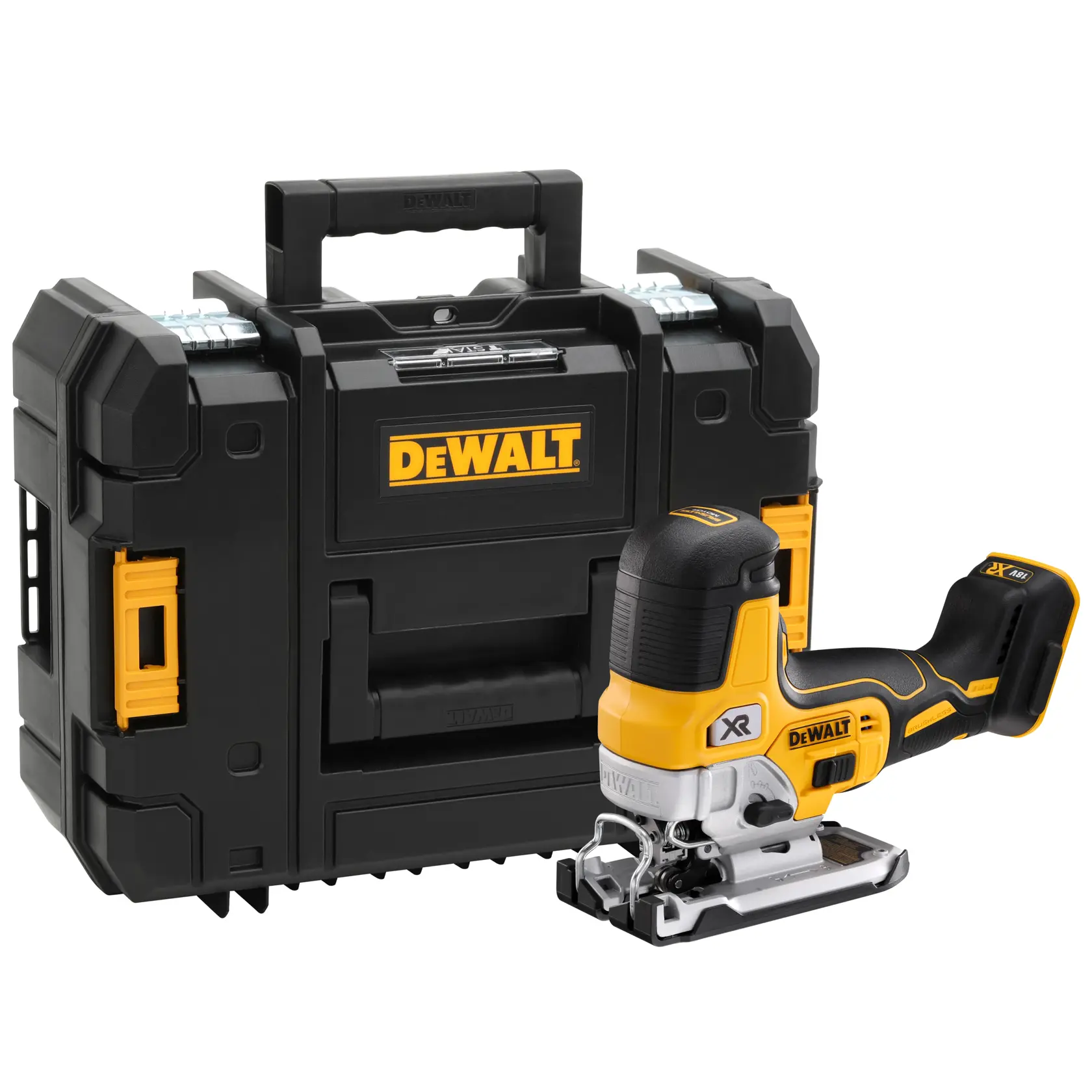 DEWALT cordless jigsaw with carrying case, model DCS335NT, shown against a white background.