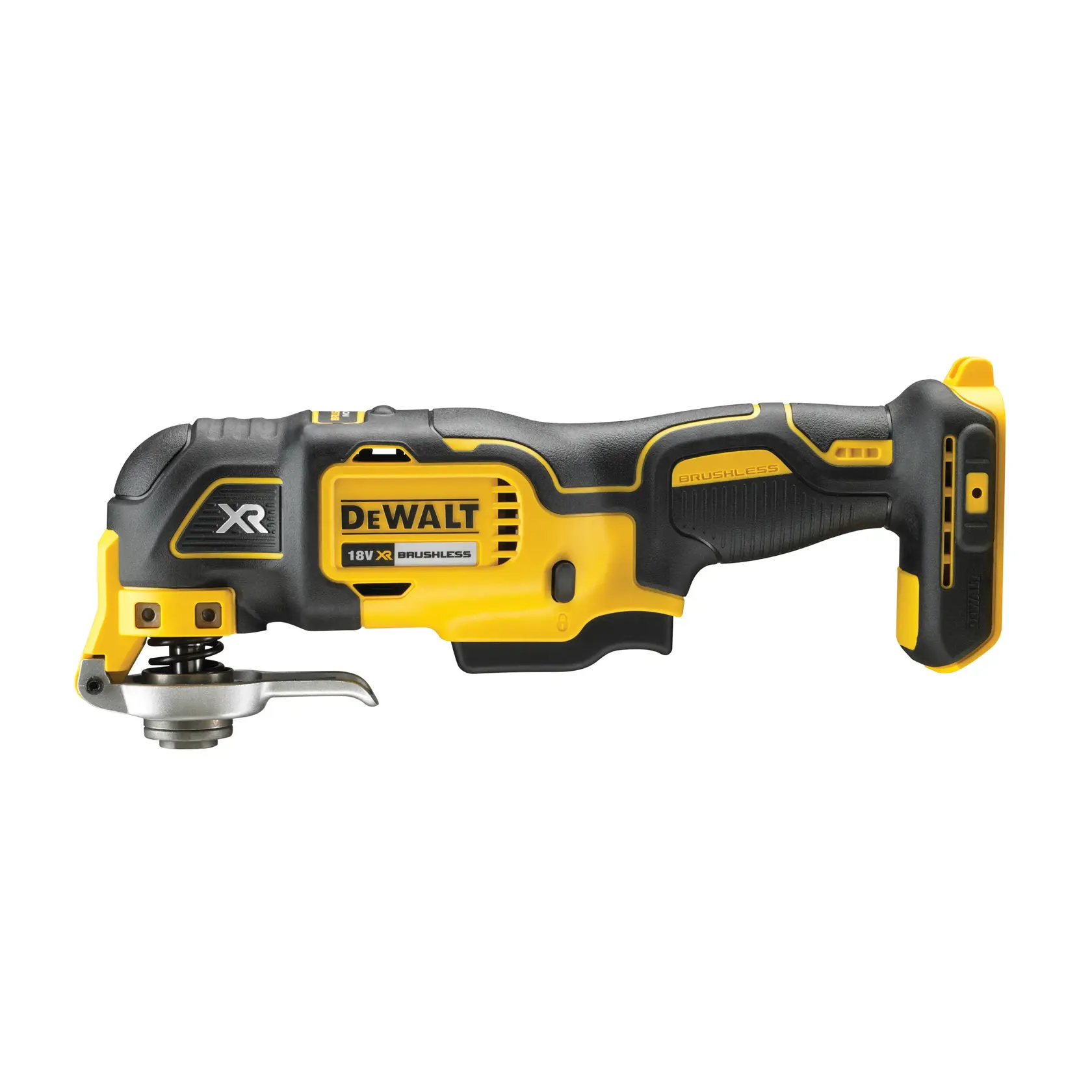 Cordless DEWALT 18V XR brushless multi-tool, black and yellow, with ergonomic grip. Oscillating attachment is visible at the front.
