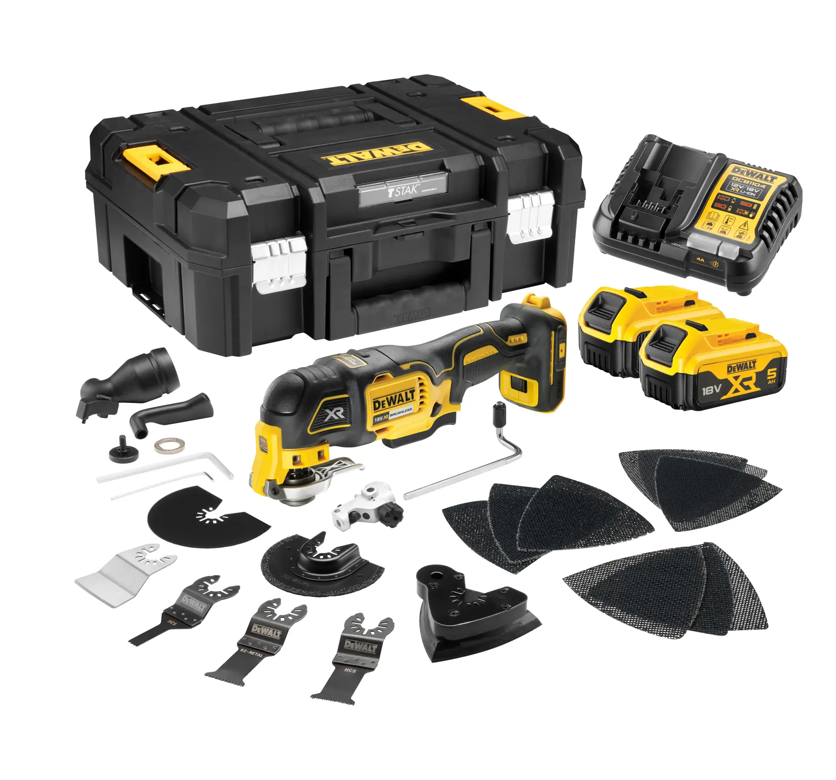 DEWALT oscillating multi-tool set with case, charger, batteries, blades, sanding pads and attachments.