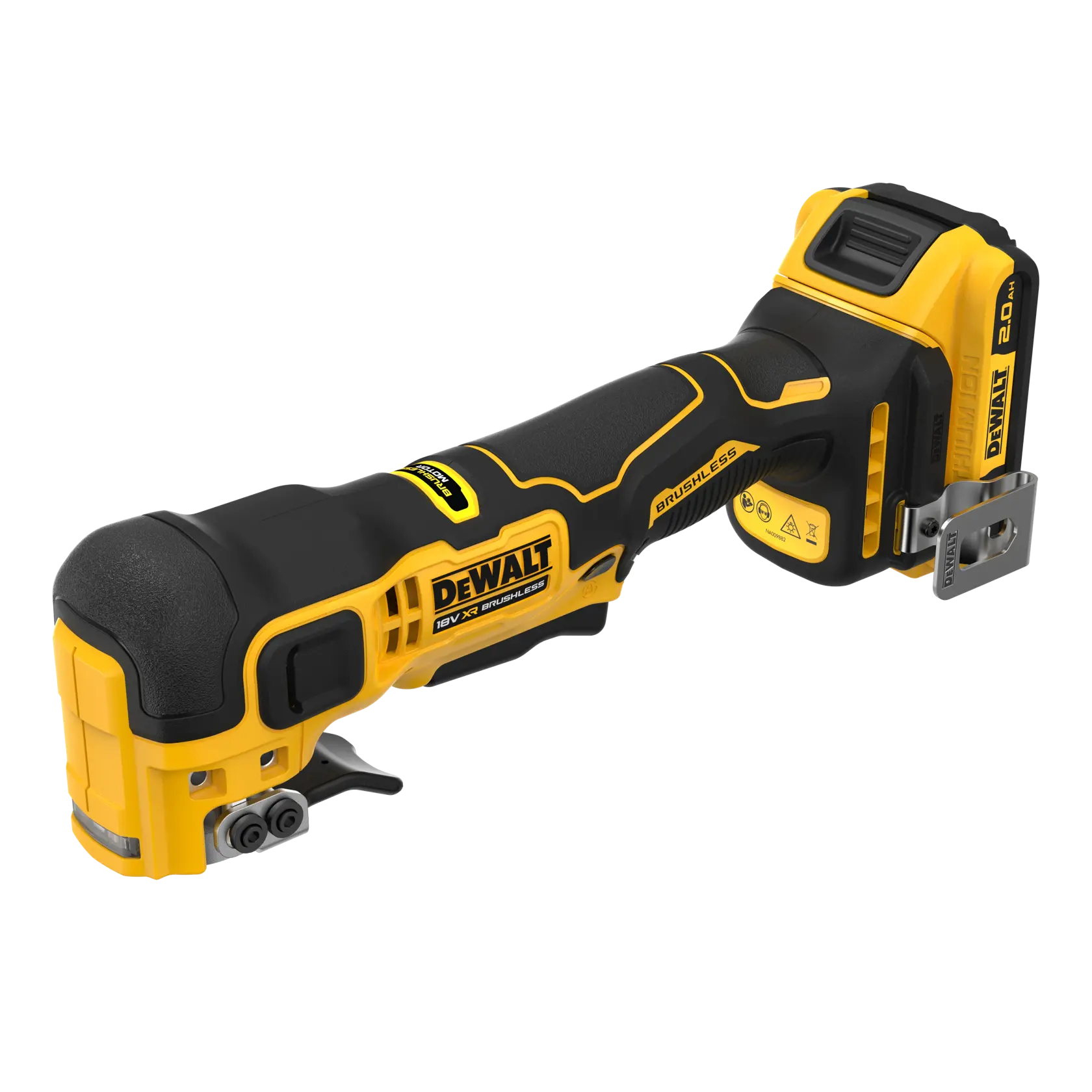 DEWALT cordless oscillating multi-tool with brushless motor and 18V battery, shown in yellow and black.