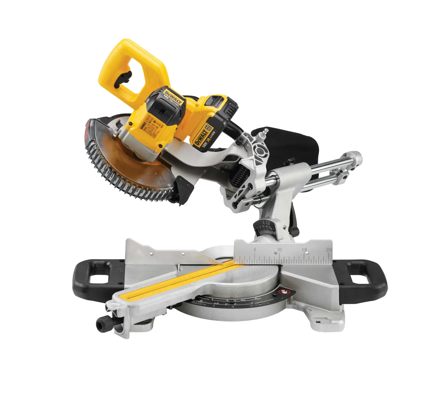 A DEWALT DCS365M2 cordless sliding compound mitre saw in yellow and silver, shown against a white background.