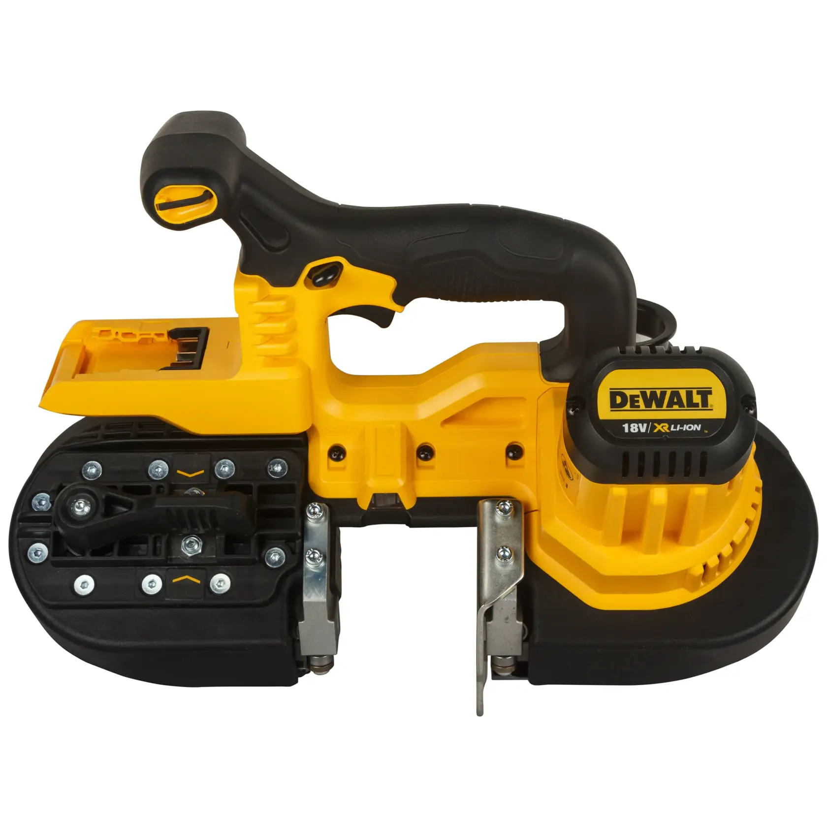 DEWALT 18V cordless band saw with black and yellow body, ergonomic handle, and visible battery pack.