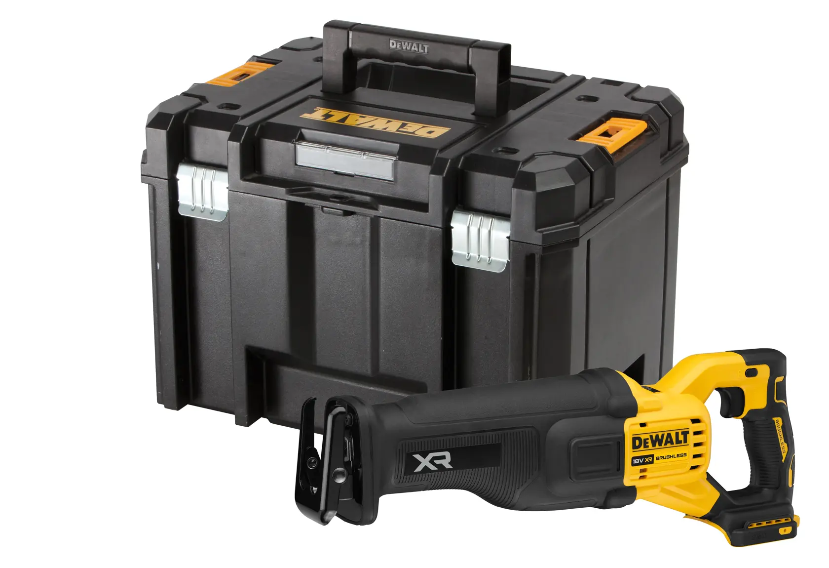 DEWALT cordless reciprocating saw with a carrying case, black and yellow, shown against a white background.