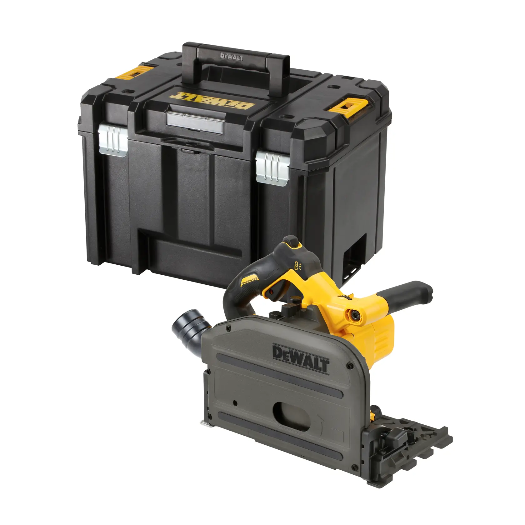 DEWALT track saw with sturdy black carrying case, suitable for woodworking and cutting tasks.