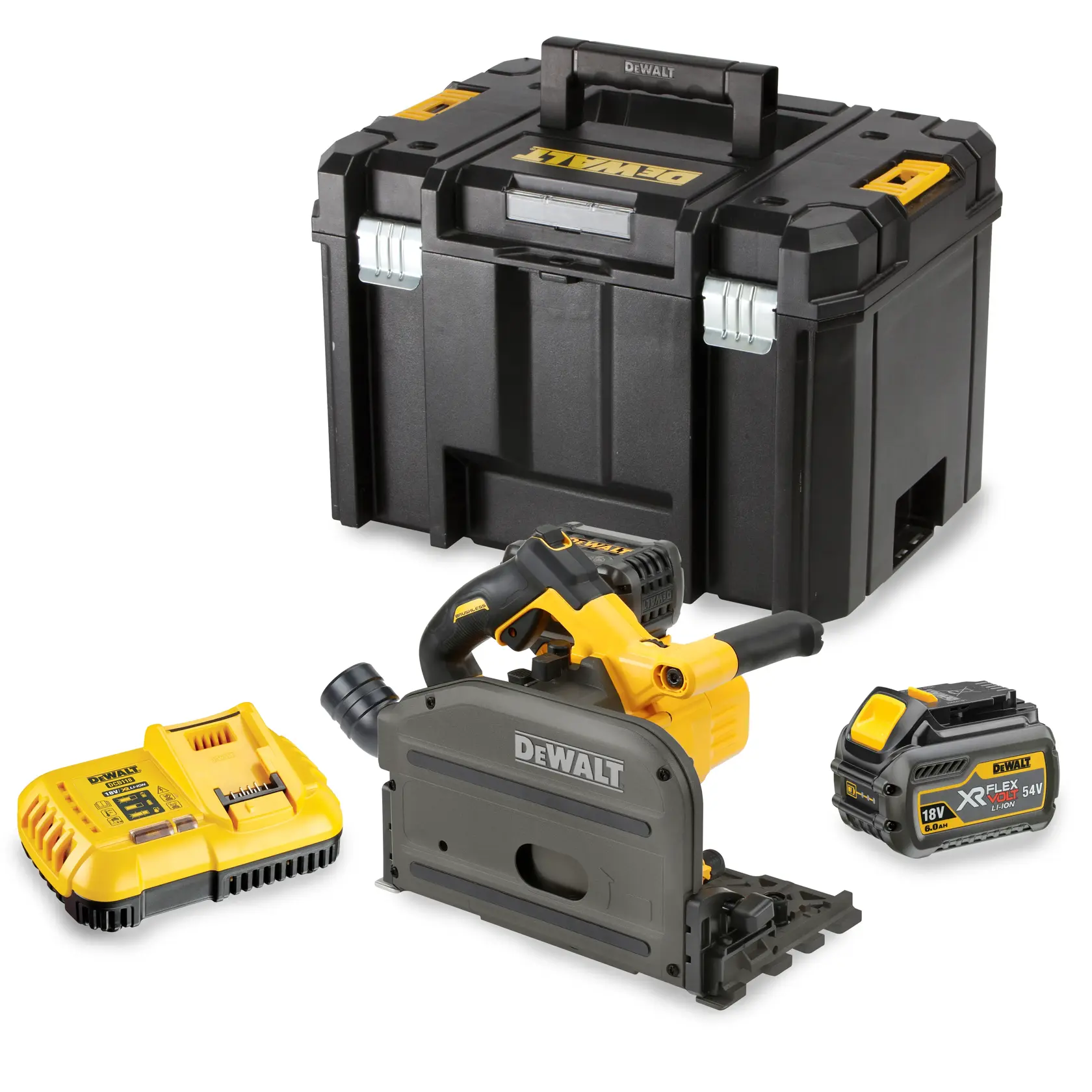 DEWALT DCS520T2-XE cordless plunge saw kit with 54V XR FLEXVOLT battery, charger, and black storage case.