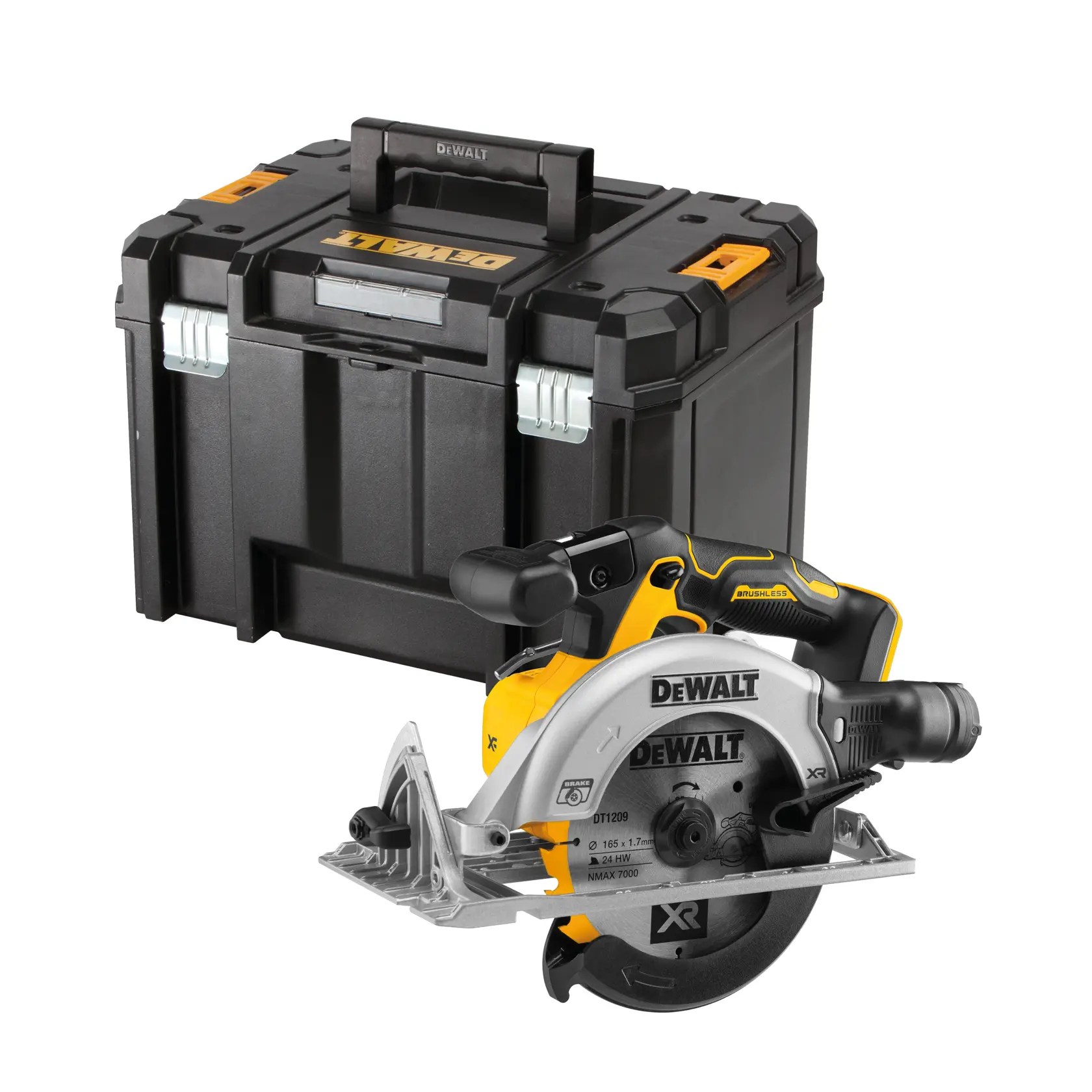 DEWALT cordless saw, product photography, SKUs DCS565NT-XJ, DCS565NT. Yellow and black power tool shown.