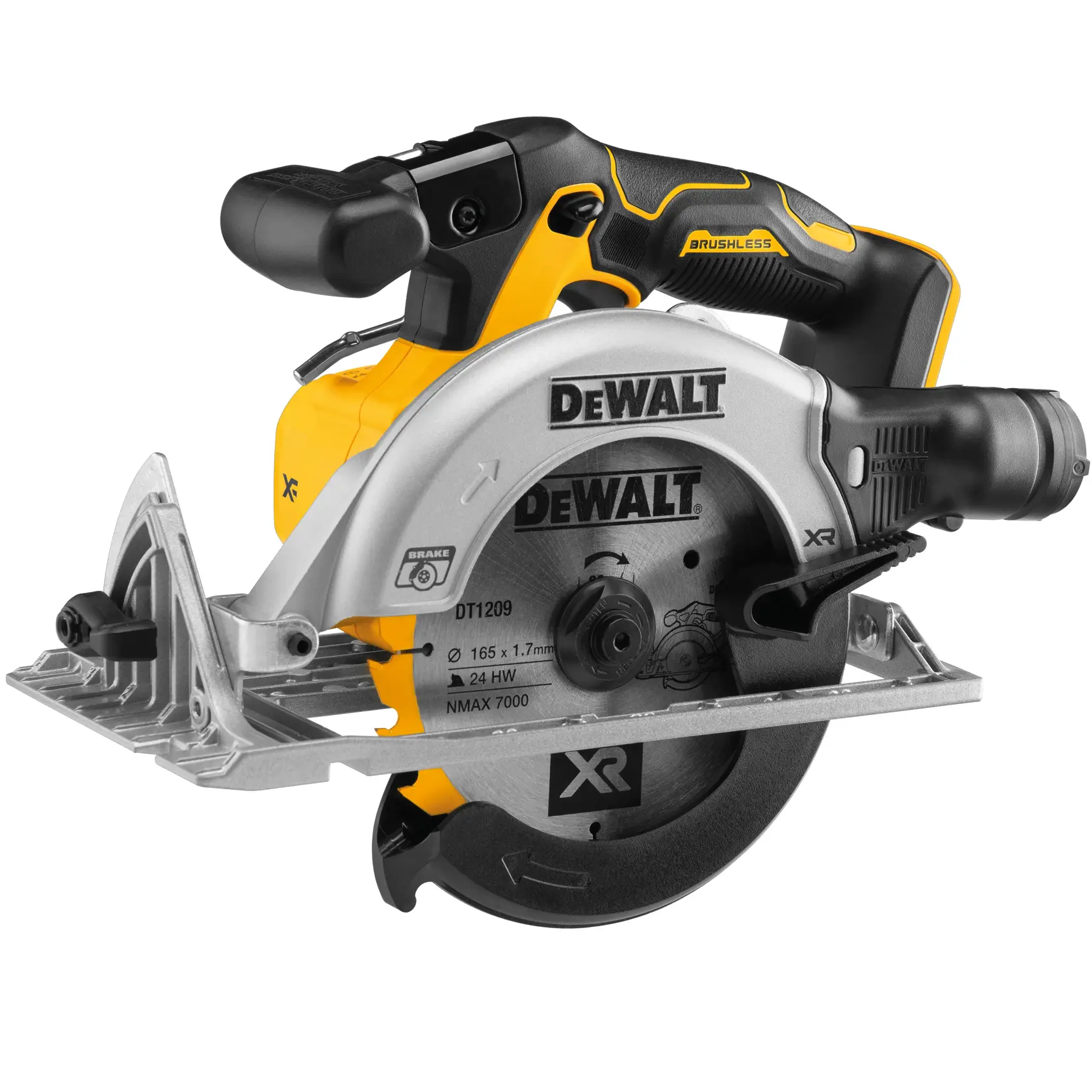 DEWALT cordless circular saw DCS565N with brushless motor shown in close-up.