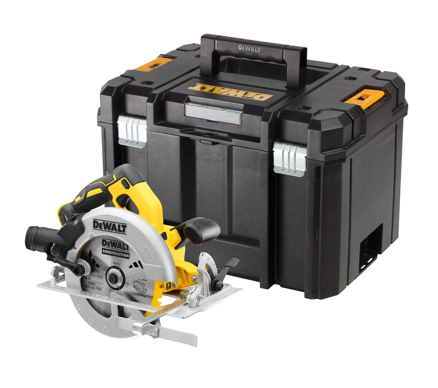 DEWALT cordless circular saw with a carrying case, shown in black and yellow colors.