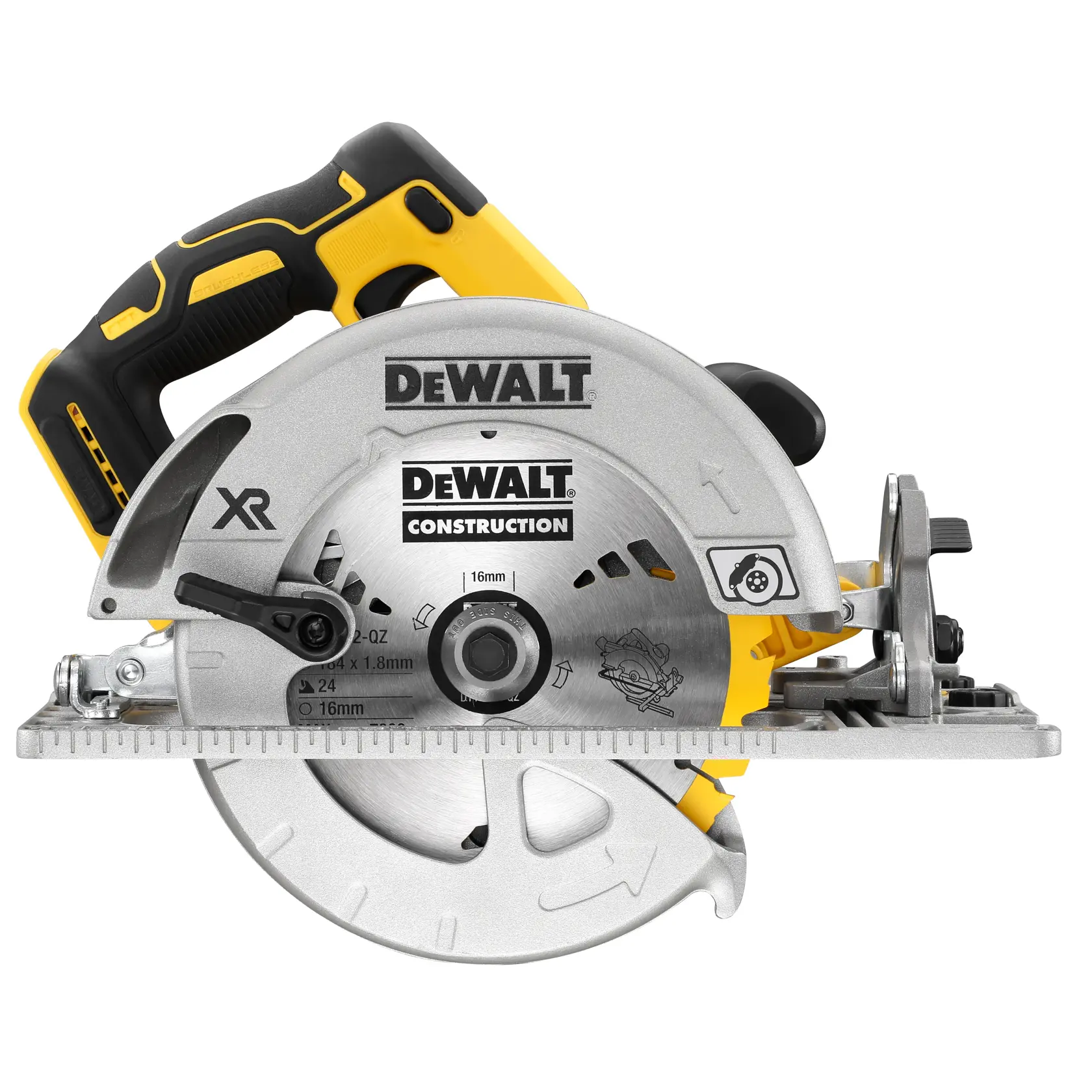 DEWALT cordless circular saw with black and yellow handle for construction cutting tasks.