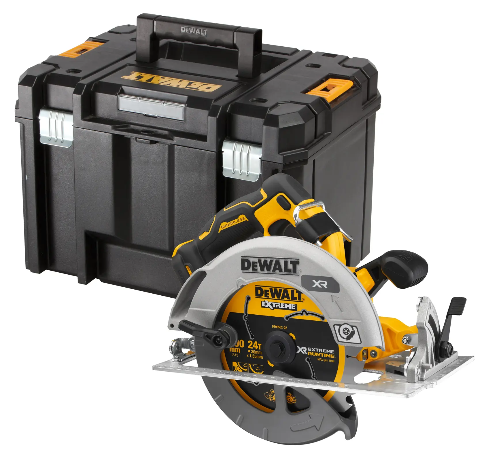 DEWALT cordless circular saw with a sturdy carrying case, ideal for woodworking and construction tasks.