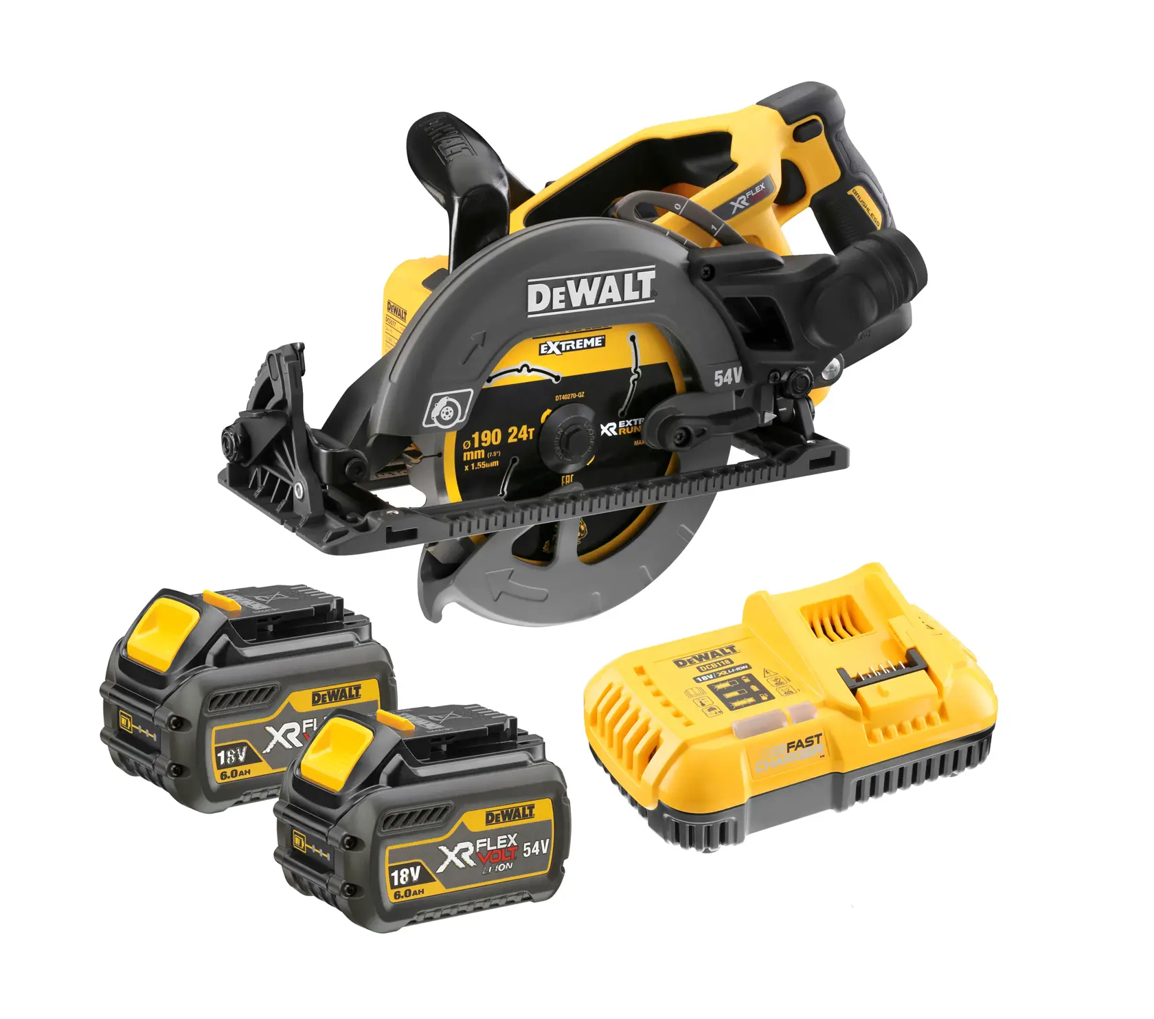 54V XR FLEXVOLT® 190 mm High Torque Circular Saw - 2 x 6Ah