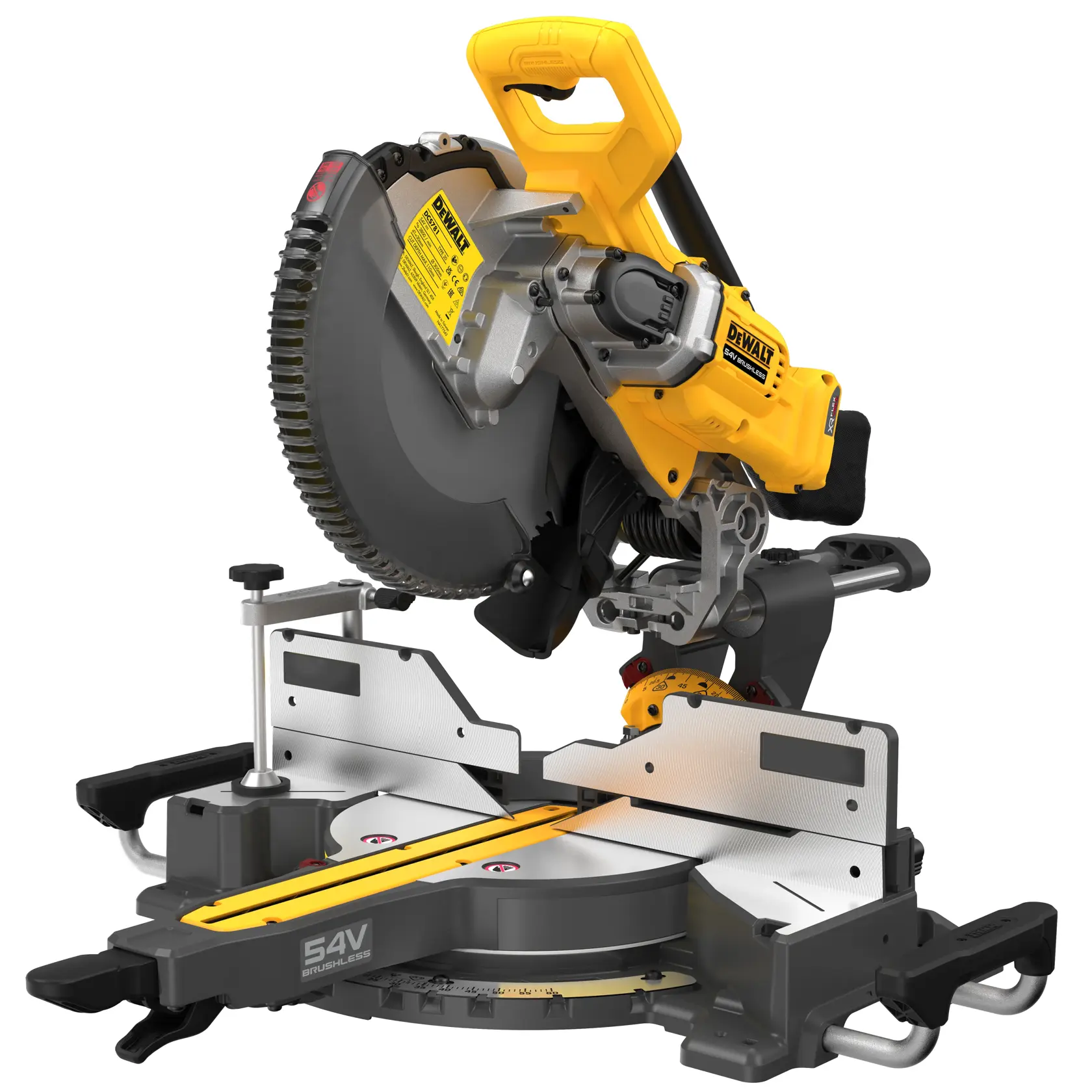 DEWALT 54V cordless sliding mitre saw with brushless motor, yellow and black, for precise woodworking cuts.