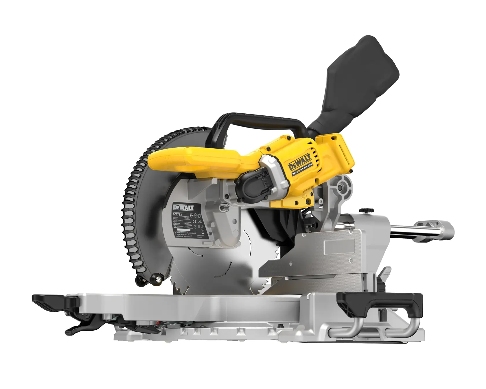 DEWALT DCS782N miter saw with yellow handle and silver base, used for precise wood cutting.