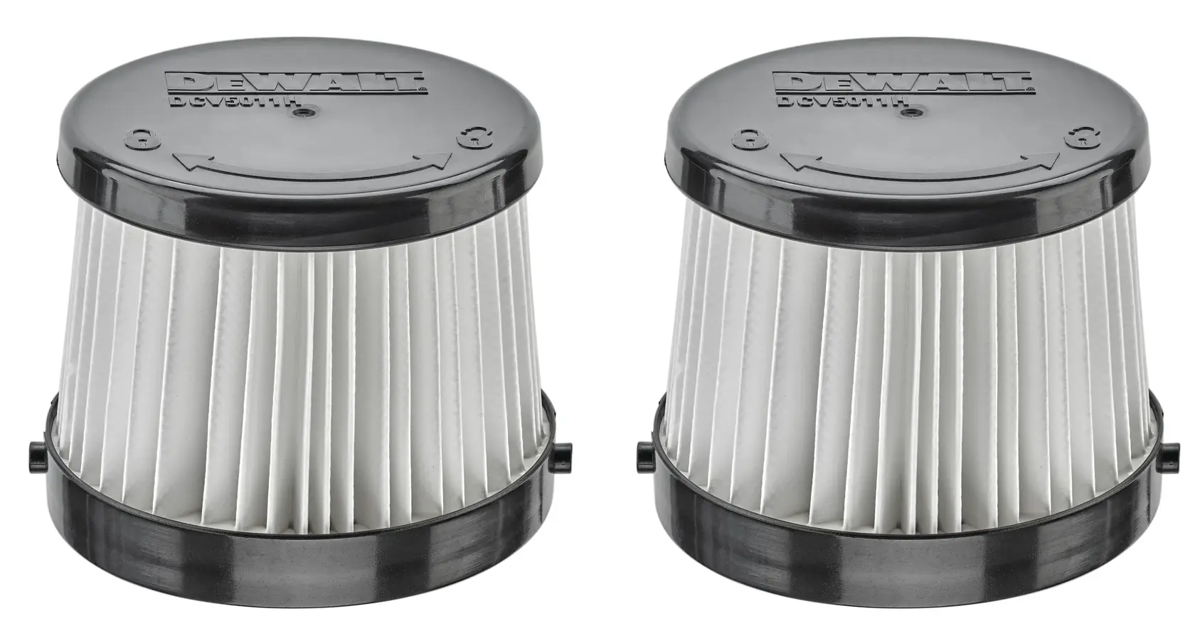 Two DEWALT cylindrical replacement filters with black plastic tops and bottoms and white pleated filter material, shown side by side on a white background.