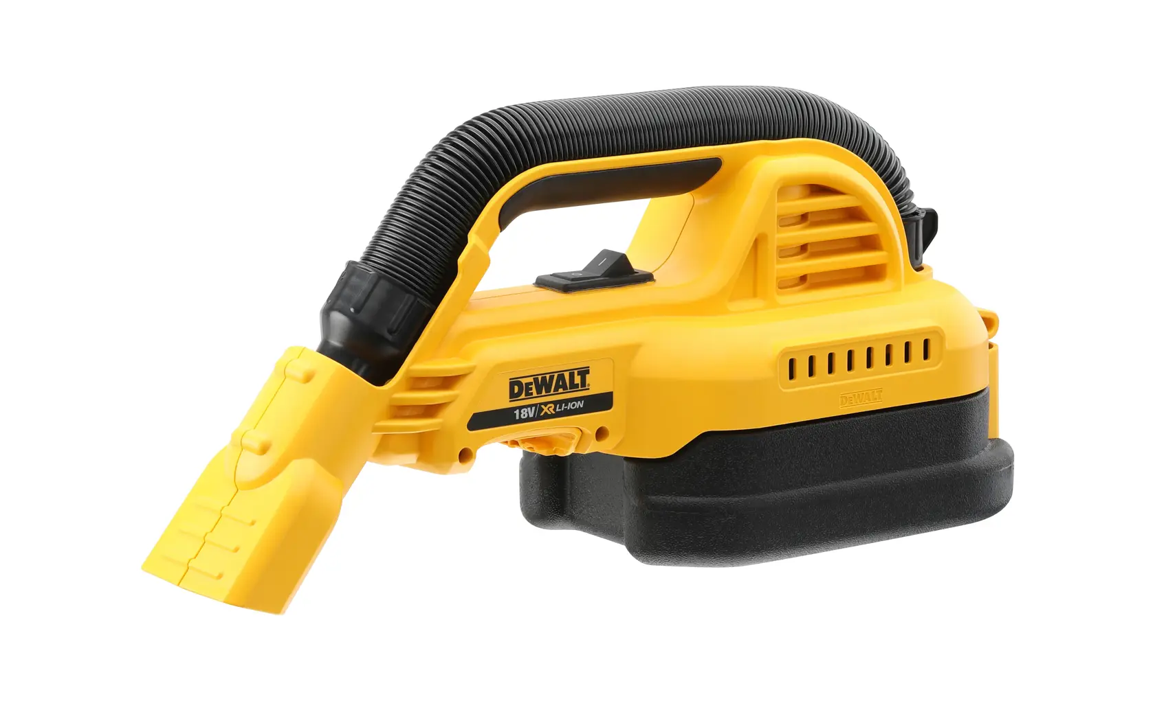 DEWALT DCV517N yellow handheld cordless vacuum cleaner with flexible hose, shown on white background.