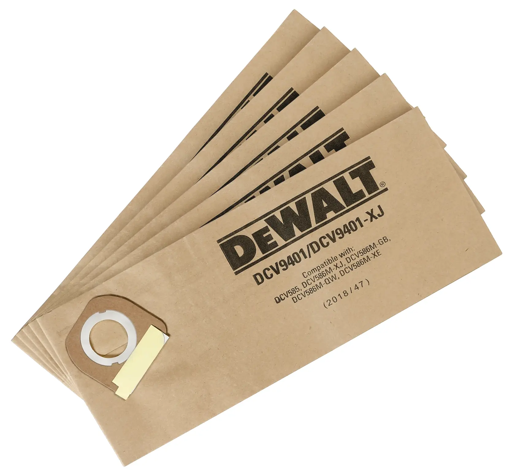 Ein Set aus fünf DEWALT DCV9401 Staubsauger-Staubbeuteln aus braunem Papier, geeignet für ausgewählte DEWALT Modelle. Die Beutel sind aufgefächert und zeigen die Produktnummer sowie Kompatibilitätsinformationen.