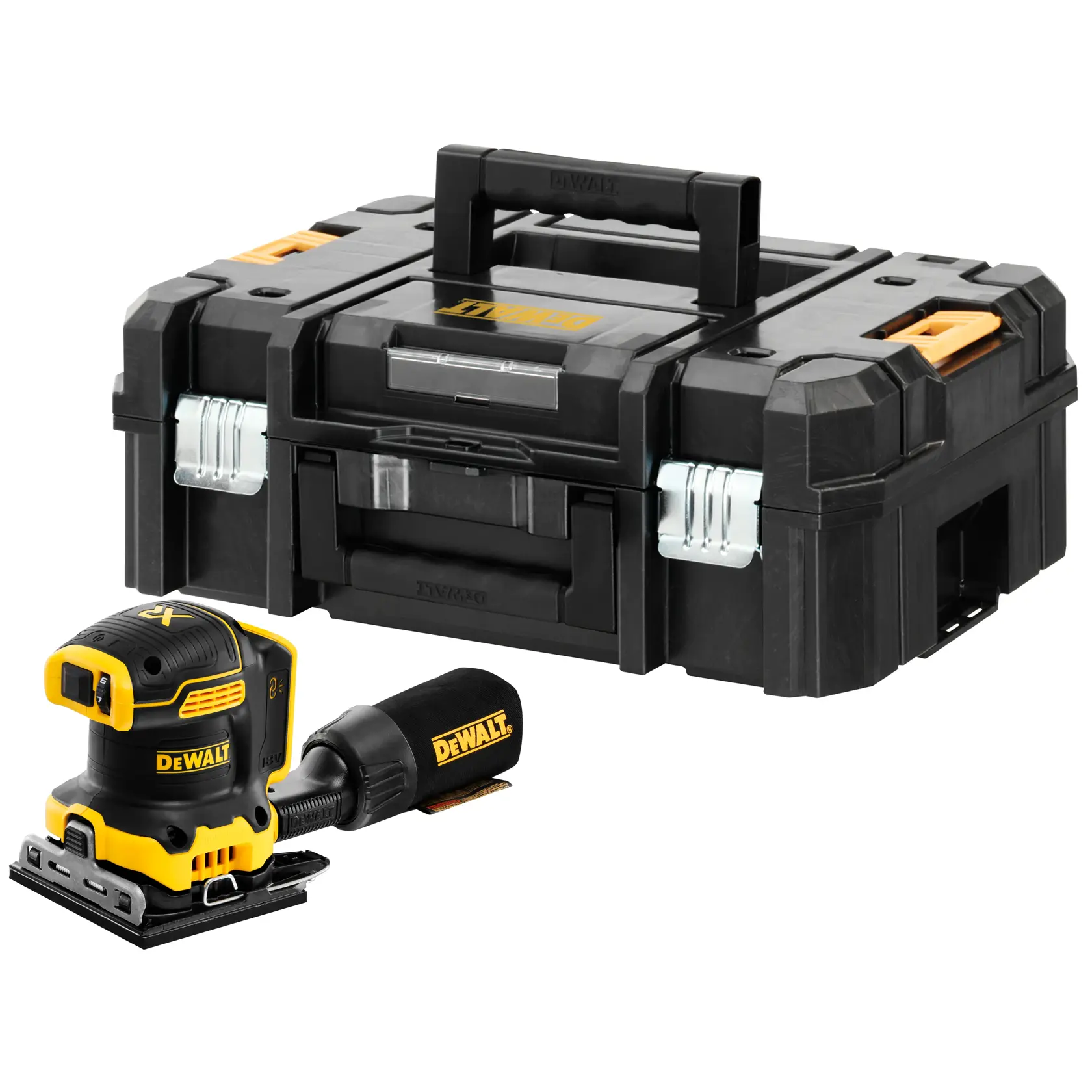 DEWALT sander with dust collector and hard carrying case, both in black and yellow, placed on white background.