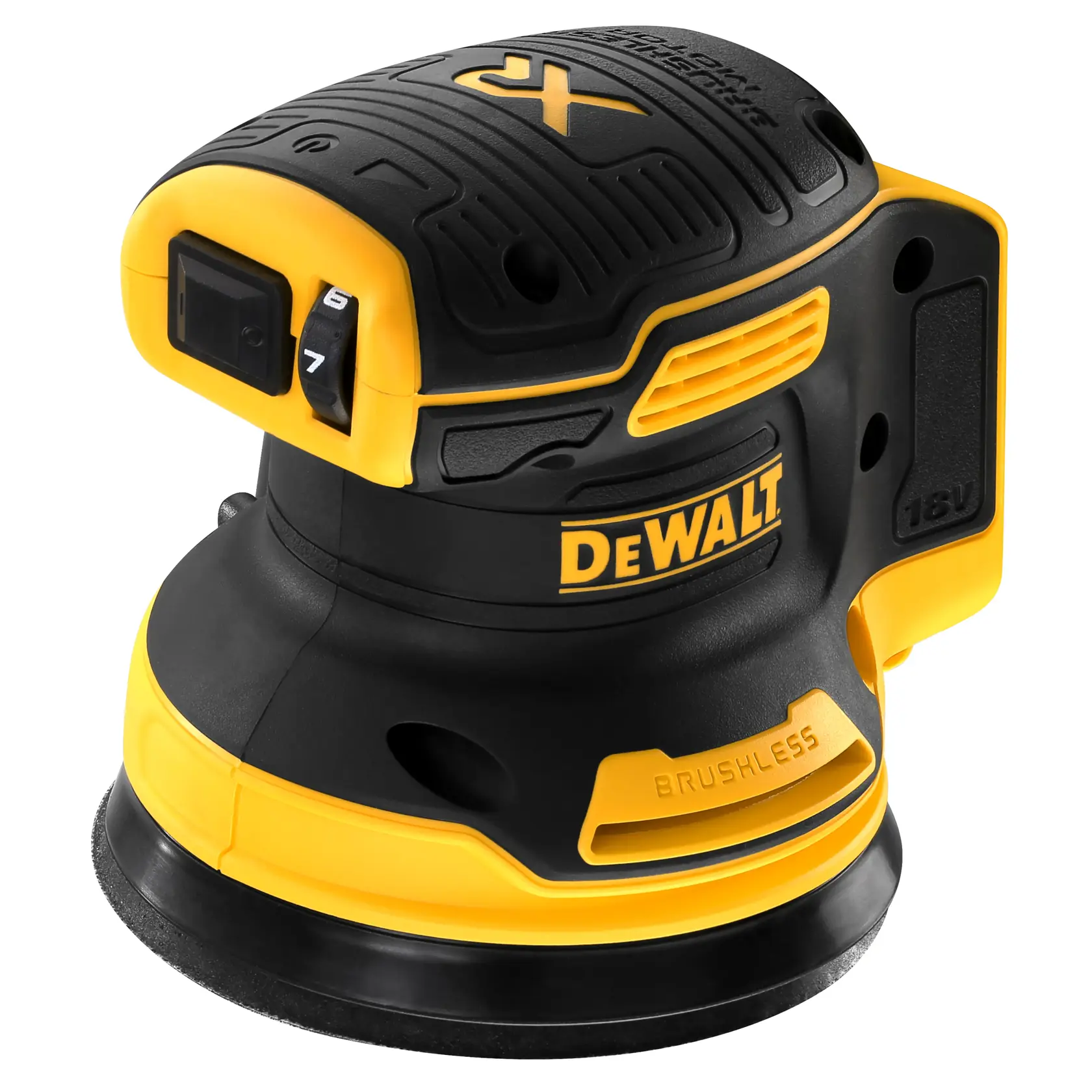 A DEWALT 18V cordless brushless random orbital sander, model DCW210N, shown in yellow and black with a speed control dial and ergonomic grip.