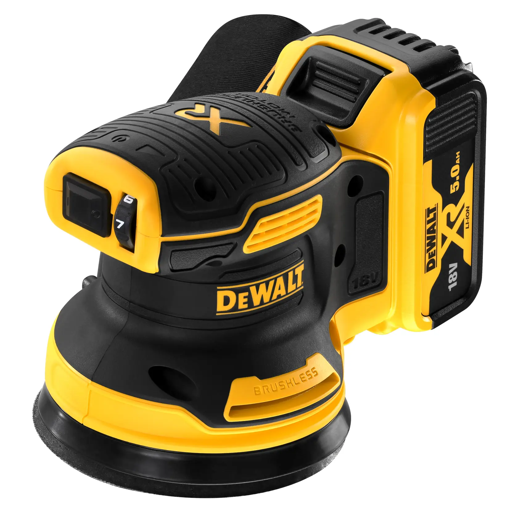 DEWALT DCW210P2 18V brushless cordless sander with XR 5.0 Ah battery in black and yellow.