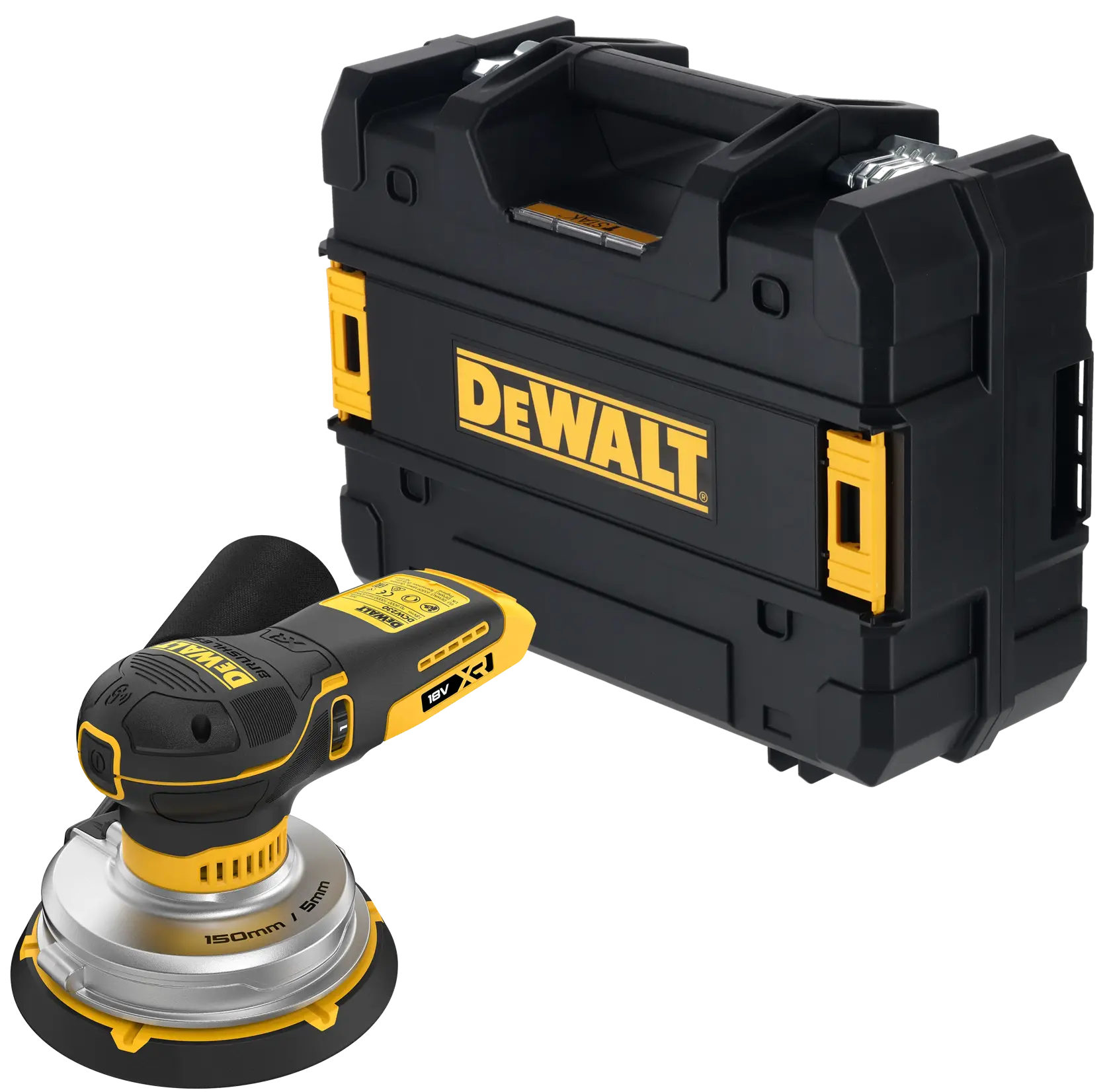 DEWALT cordless sander and carrying case, black and yellow, shown together on a white background.