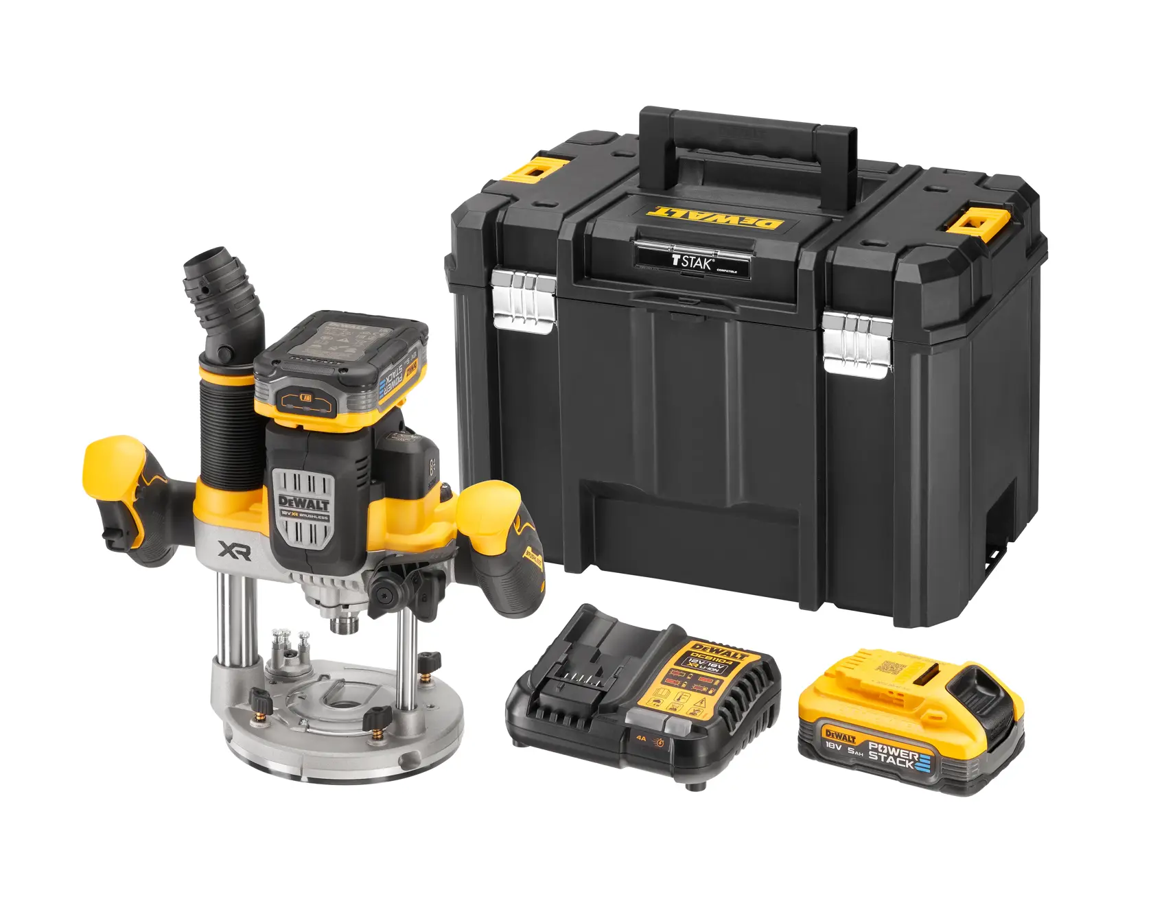 DEWALT cordless router kit with router, battery, charger, and black carrying case shown on white background.