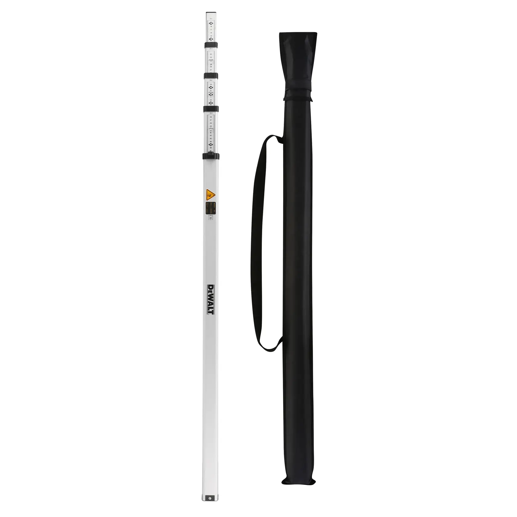 DEWALT telescopic measuring rod for photography with black carrying case, shown upright.