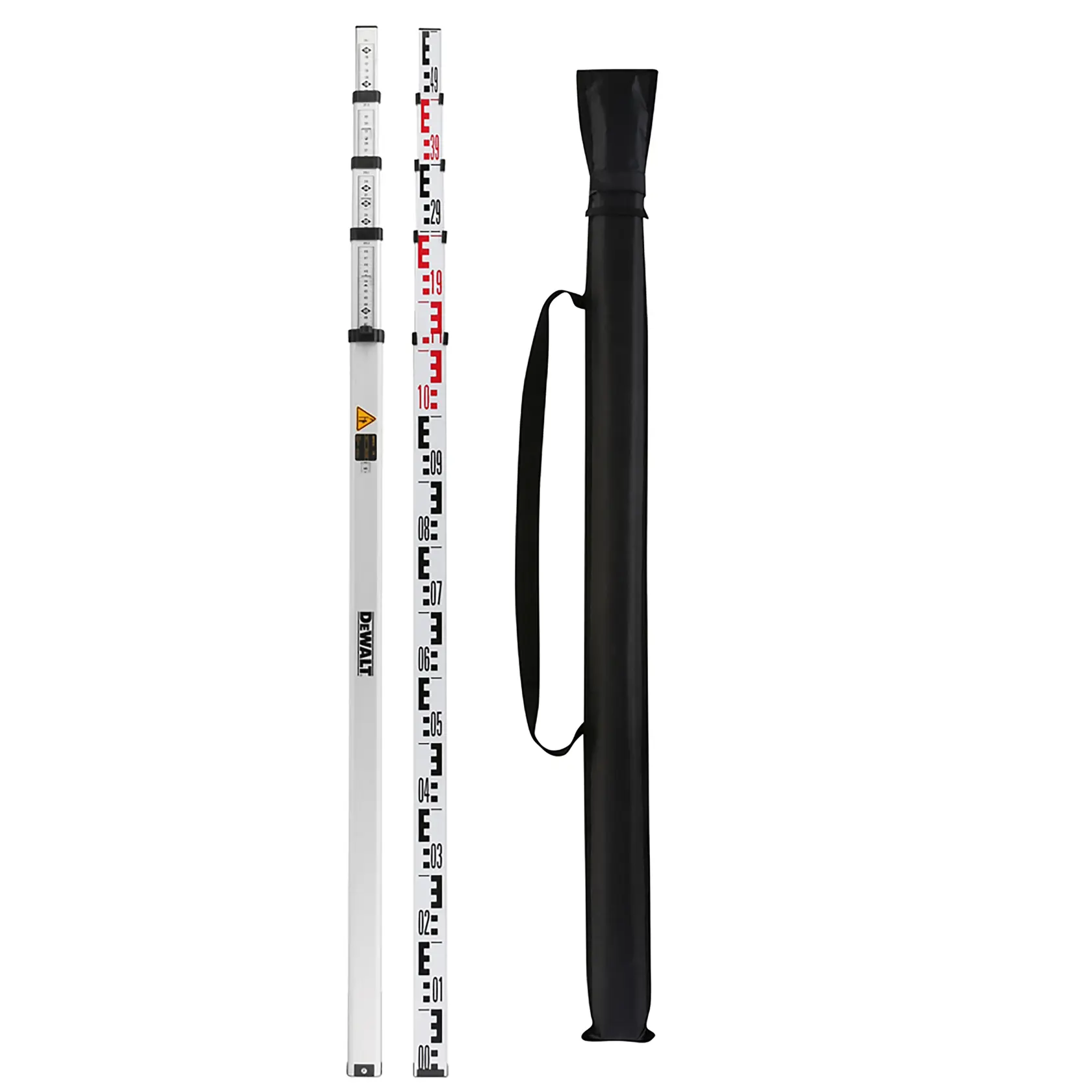 DEWALT telescopic leveling staff and carry bag, marked for measurement, shown upright on white background.
