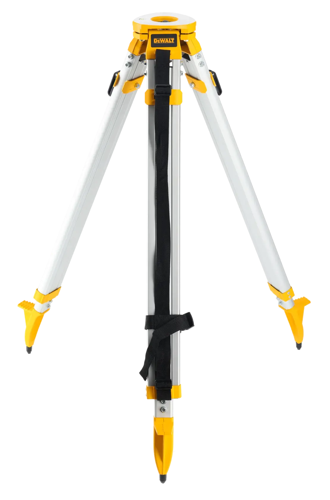 DEWALT aluminum tripod with yellow accents, three legs, and carrying strap for photography or surveying.