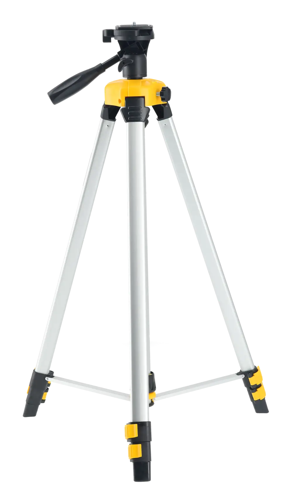 Aluminum tripod with yellow and black accents, adjustable legs and handle, suitable for cameras or measuring tools.