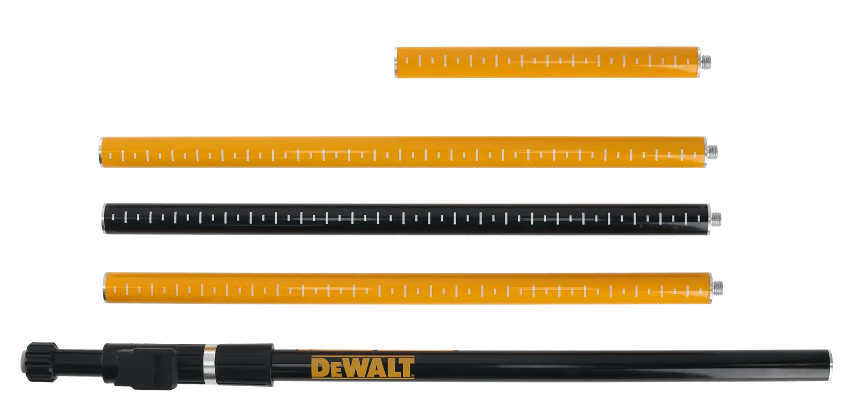 DEWALT DE0882 adjustable tripod rod set for photography, includes four rods with measurement markings.