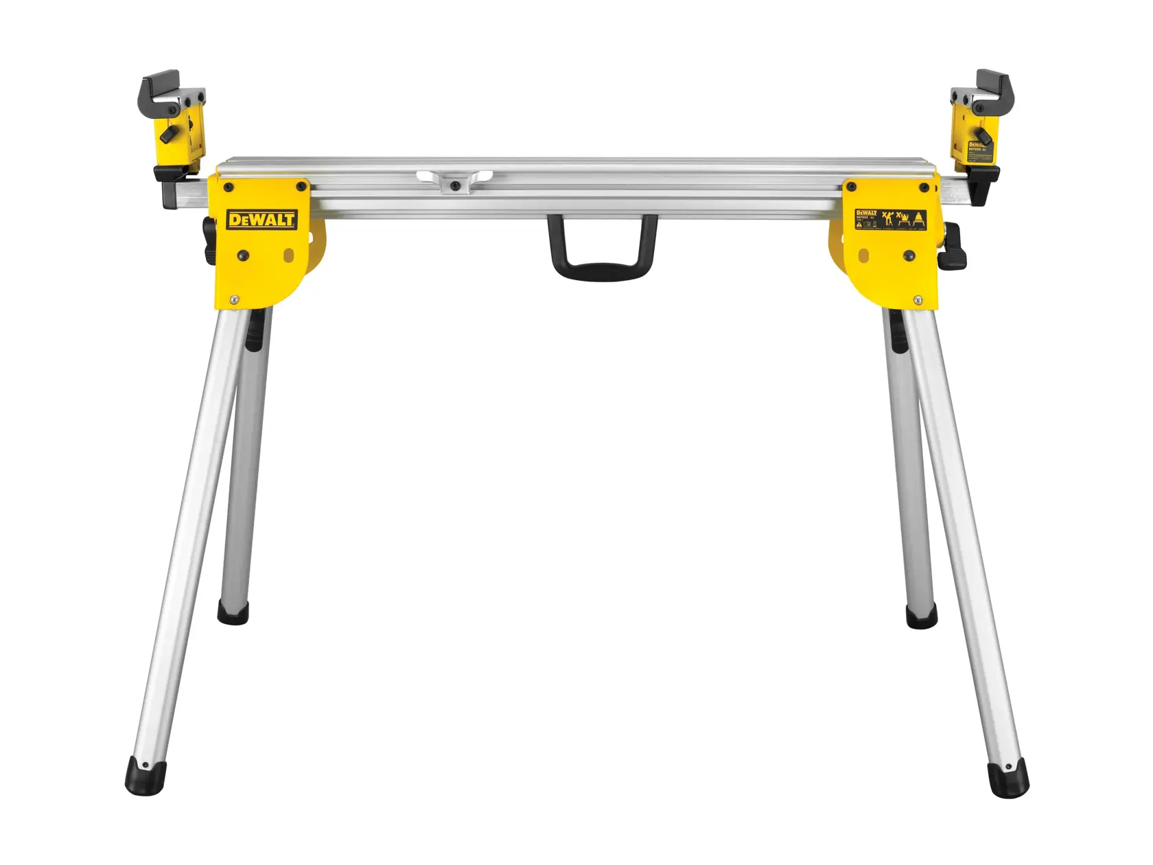 DEWALT DE7033 foldable saw stand with metal legs and yellow fixtures, suitable for portable support.