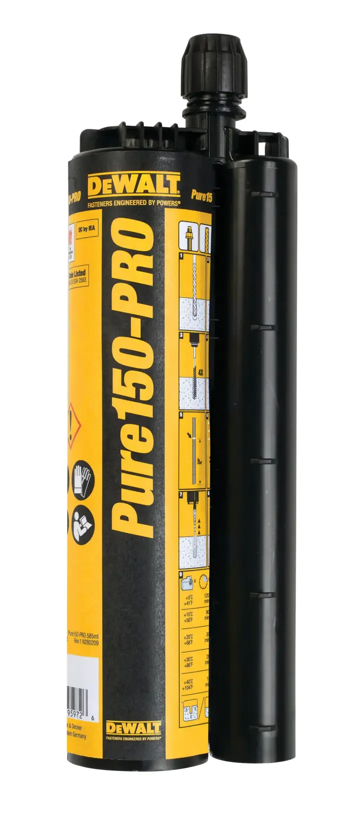 DEWALT Pure150-PRO adhesive cartridge for construction use, featuring a yellow and black label with application instructions.