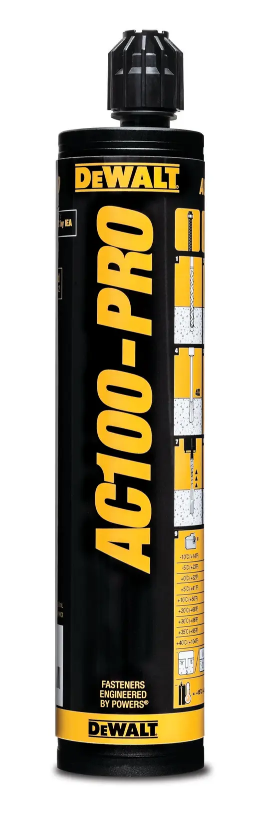 A cartridge of DEWALT AC100-PRO construction adhesive, black and yellow in color, with a plastic nozzle cap on top. The label shows the DEWALT brand and product details.