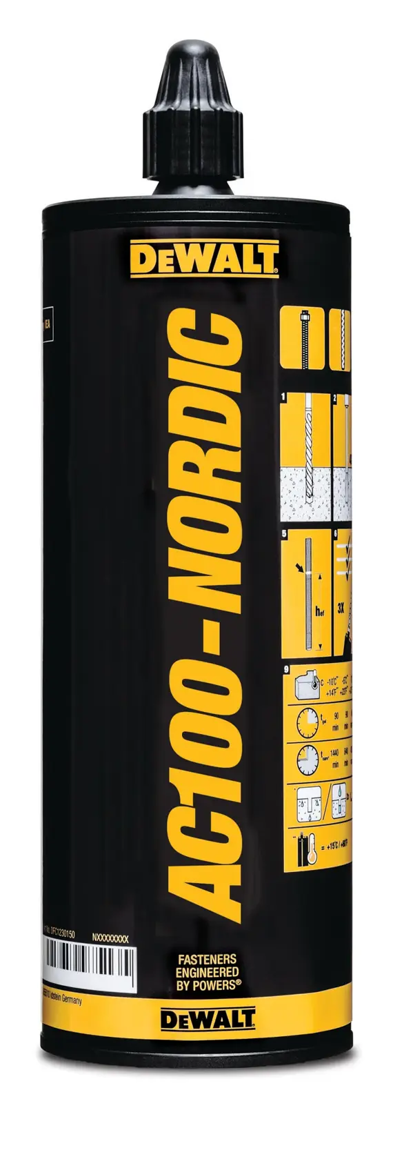 DEWALT AC100-NORDIC adhesive cartridge, black with yellow label, used for fastening and construction.